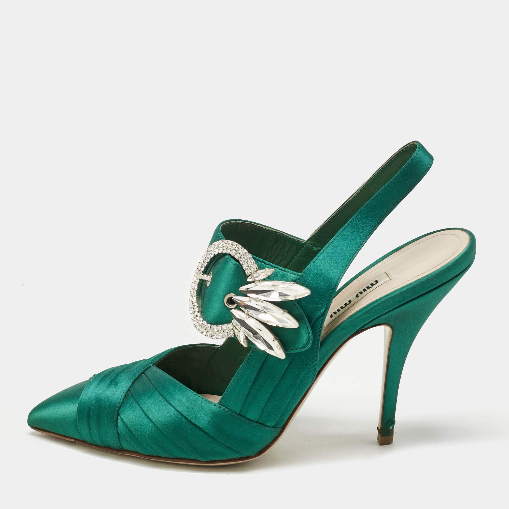 Pre Owned Miu Miu Green Satin Crystal Embellished Donna Slingback Pumps Size 37