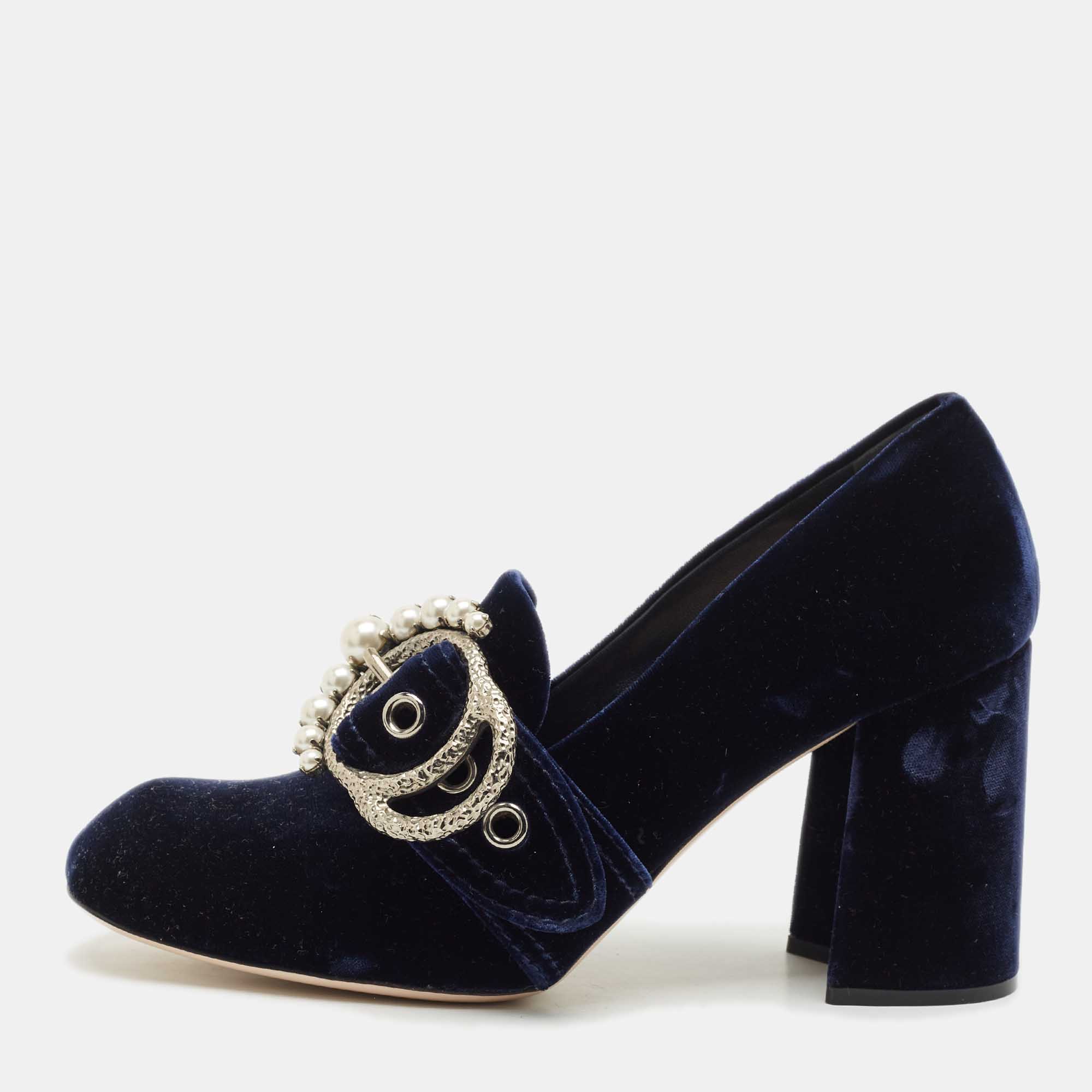 Pre Owned Miu Miu Navy Blue Velvet Pearl Embellished Block Heel Pumps Size 39
