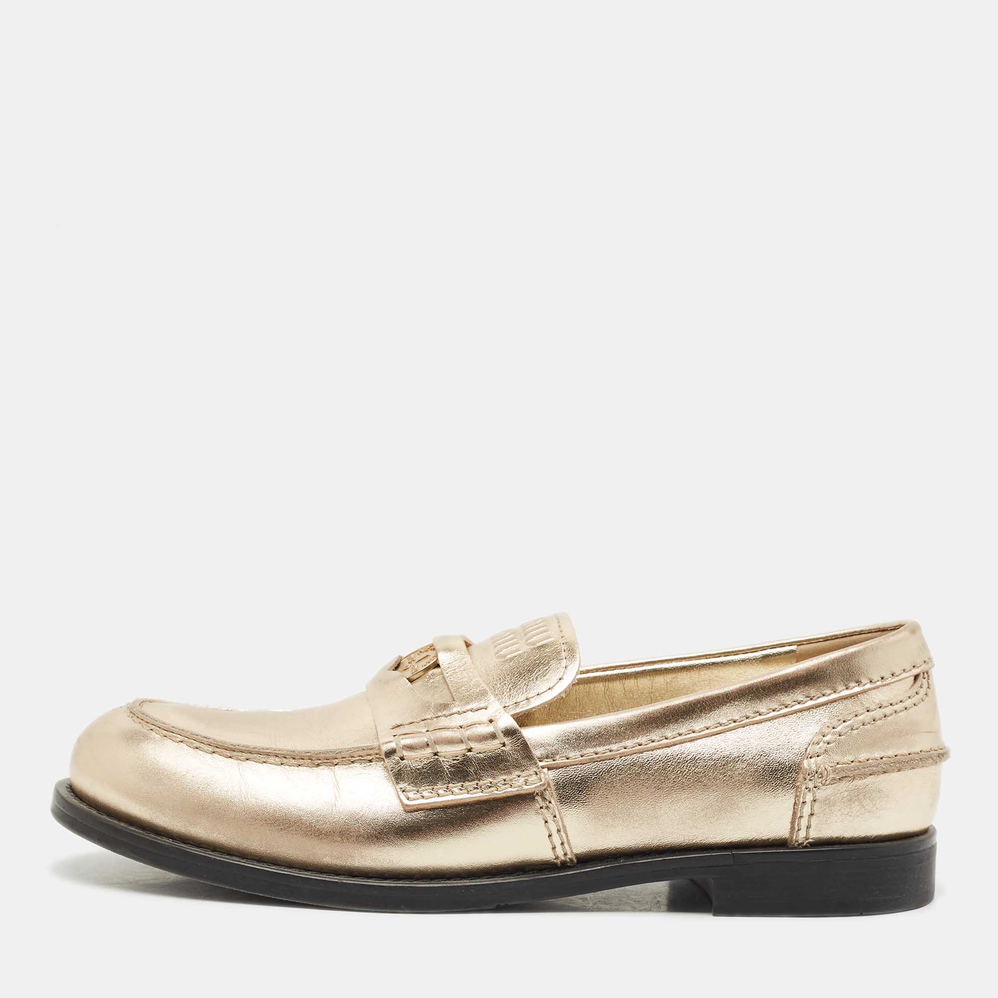 Pre Owned Miu Miu Gold Leather Penny Loafers Size 38.5