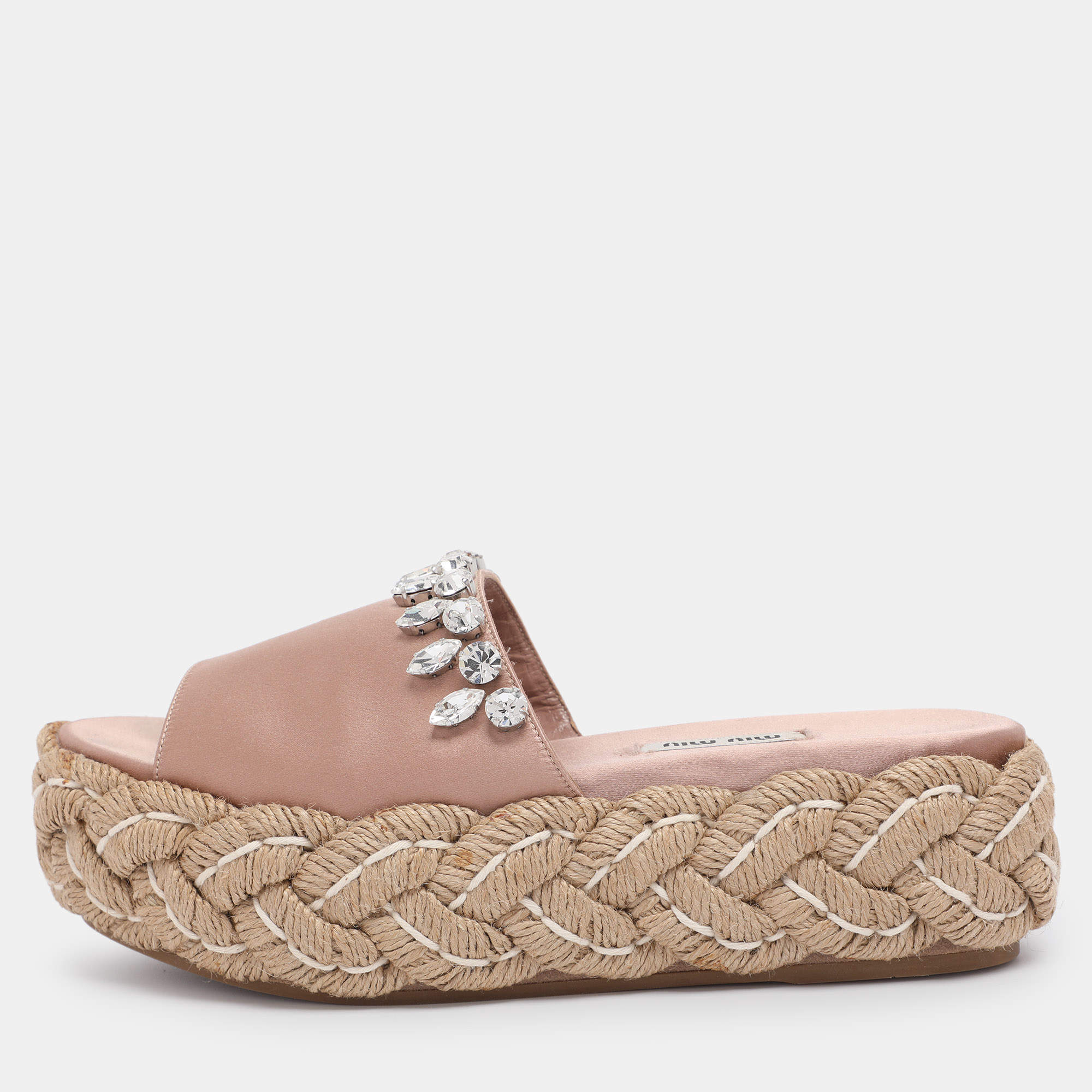 Pre Owned Miu Miu Beige Satin Espadrille Platform Slide Sandals Size 38