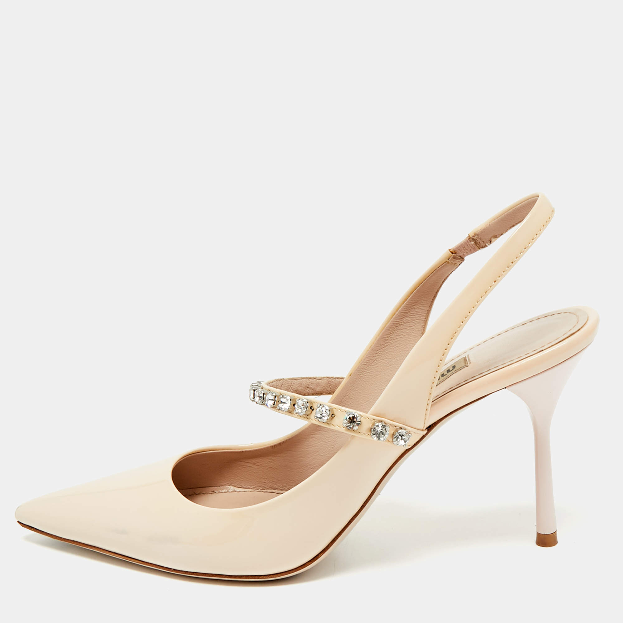 Pre Owned Miu Miu Beige Patent Leather Crystals Embellished Slingback Pointed Toe Pumps Size 37