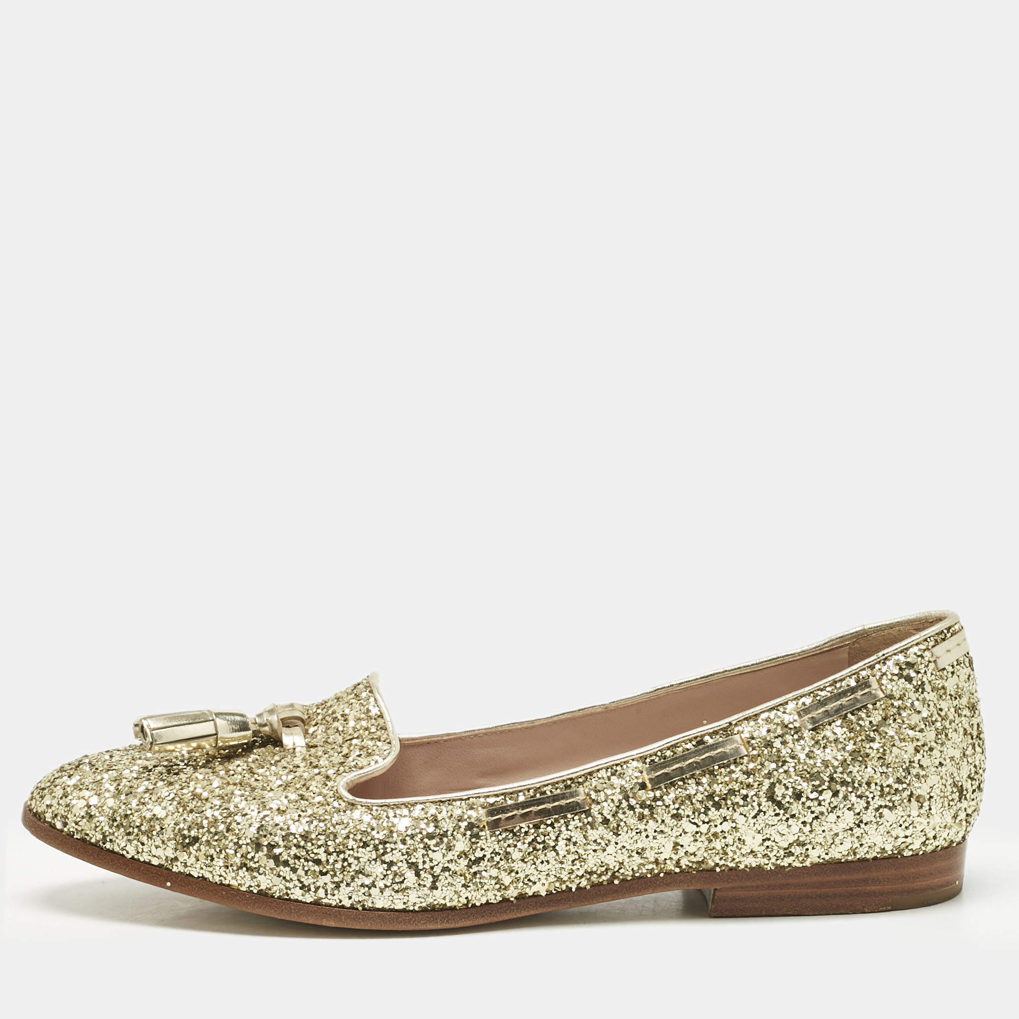 Pre Owned Miu Miu Gold Glitter And Leather Tassel Smoking Slippers Size 39