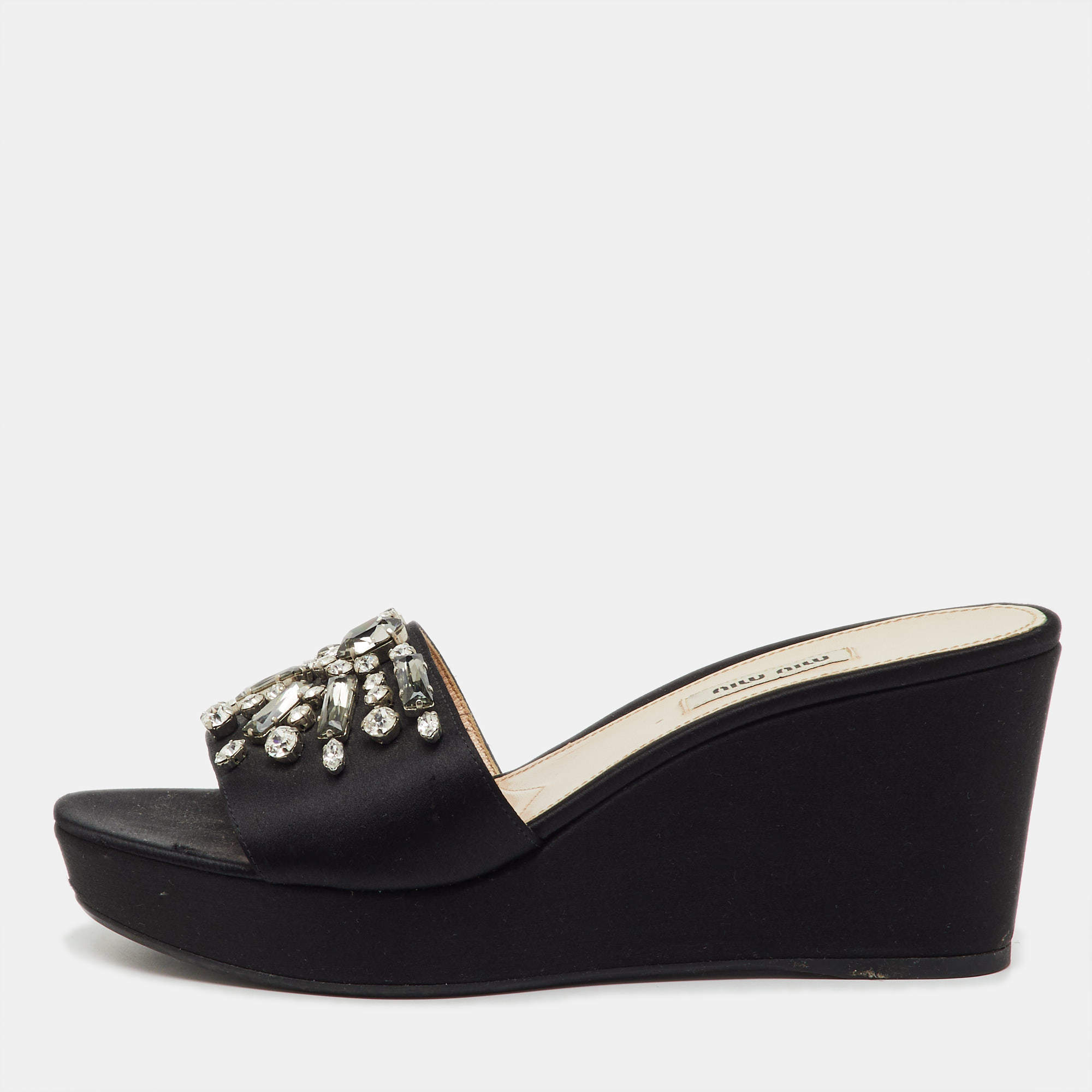Pre Owned Miu Miu Black Satin Crystal Embellished Wedge Platform Open Toe Sandals Size 39
