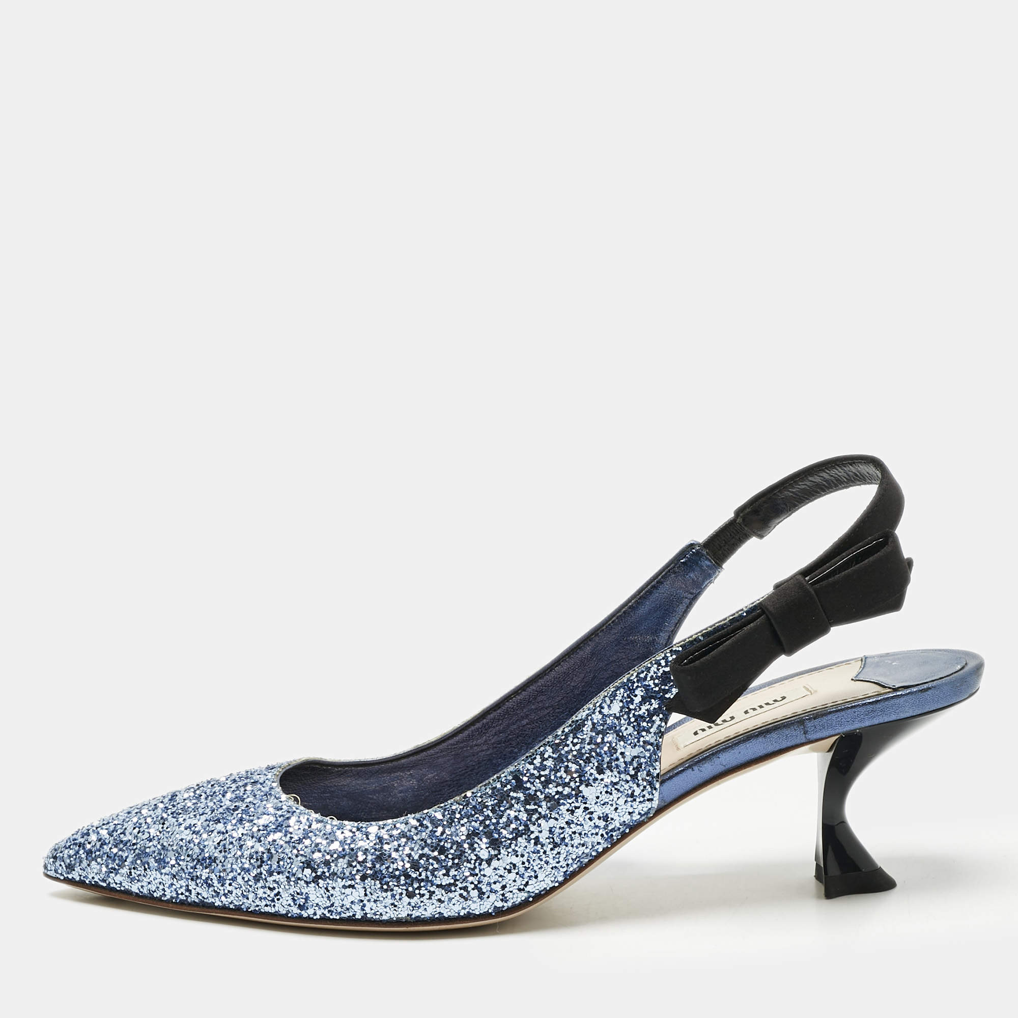 Pre Owned Miu Miu Blue Coarse Glitter Bow Slingback Pumps Size 40.5