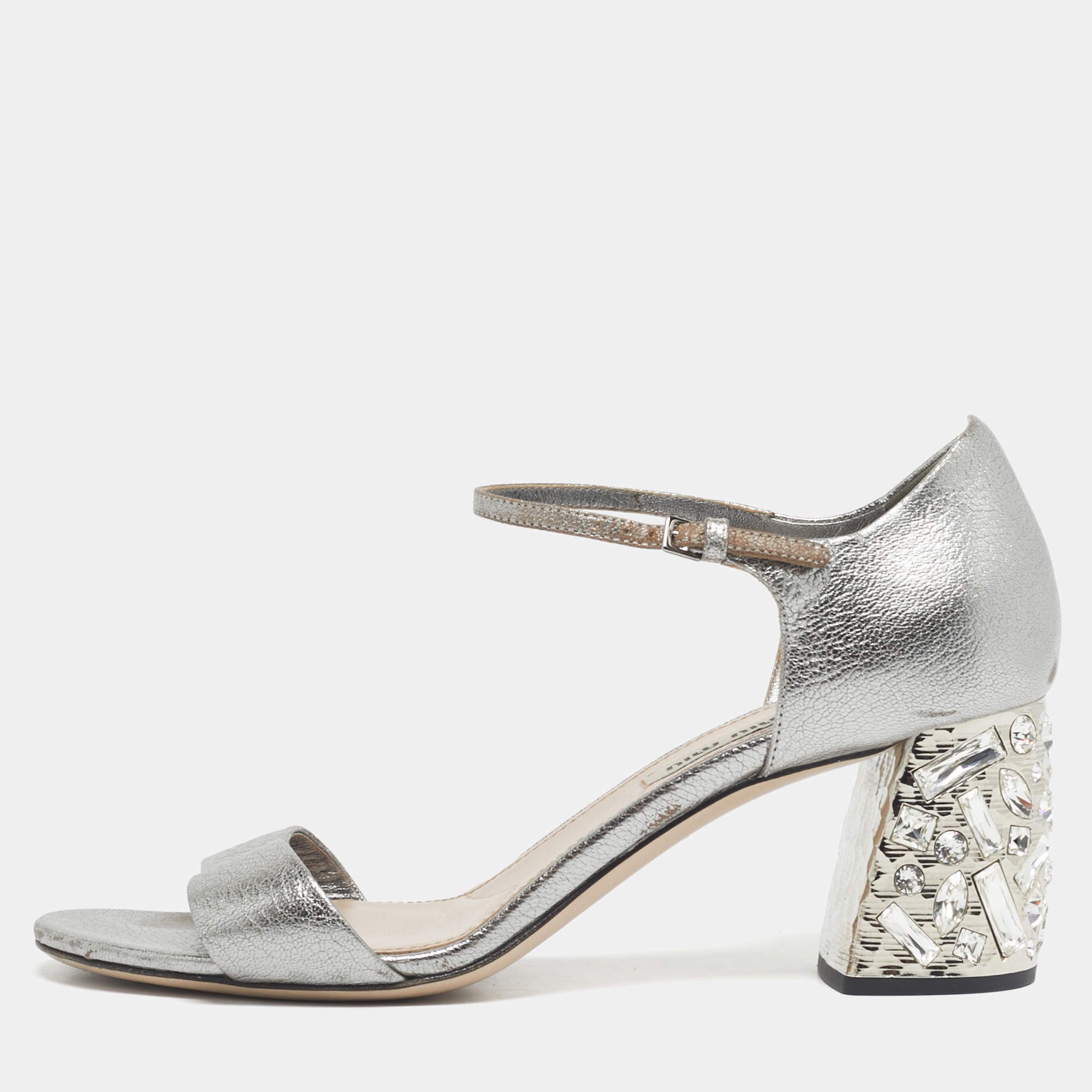 Pre Owned Miu Miu Silver Leather Crystal Embellished Block Heel Ankle Strap Platform Sandals Size 37