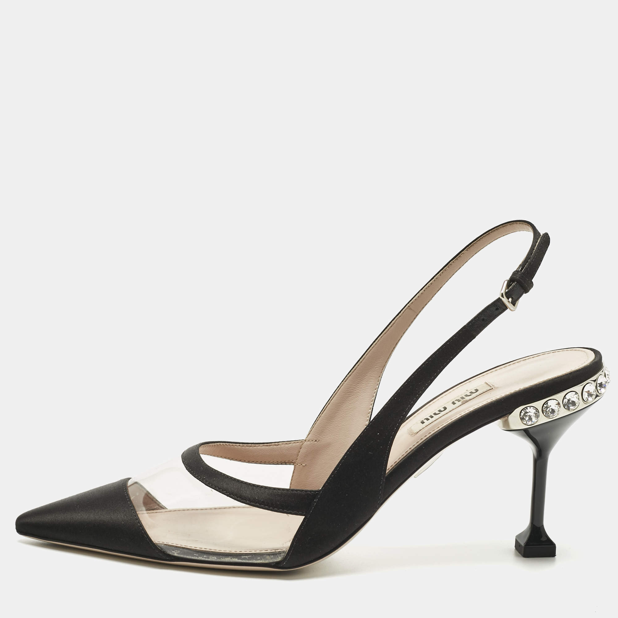 Pre Owned Miu Miu Black Satin And PVC Crystal Embellished Slingback Pumps Size 39