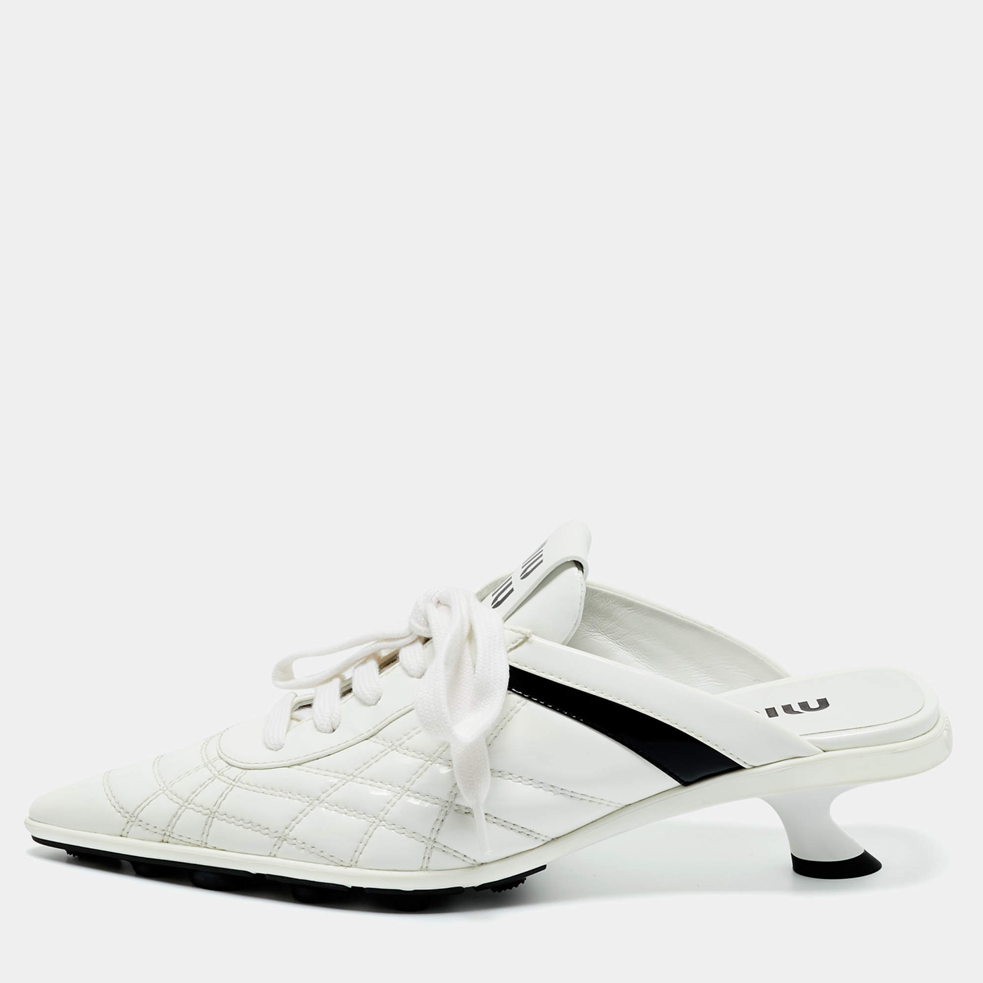 Pre Owned Miu Miu White Patent Leather Sneaker Mules Size 37.5