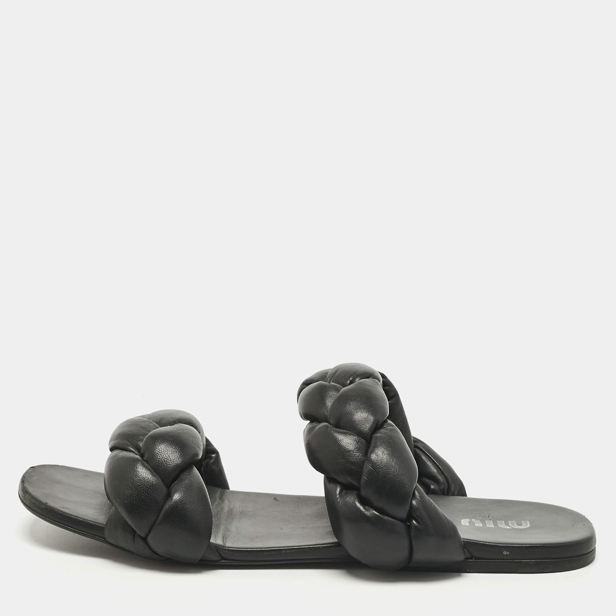 Pre Owned Miu Miu Black Woven Leather Flat Slides Size 39.5