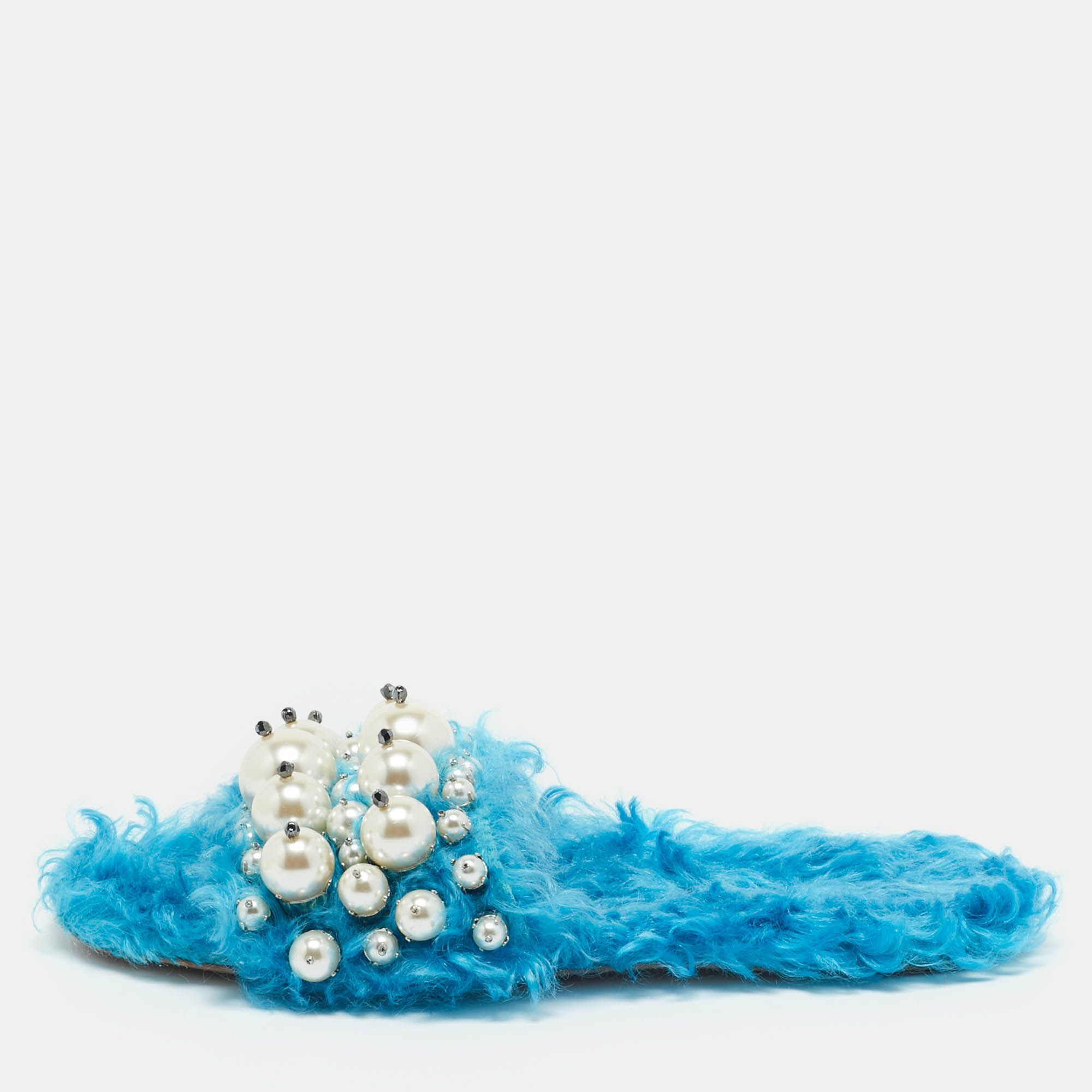 Pre Owned Miu Miu Blue Faux Fur Pearl Embellished Flat Slides Size 36