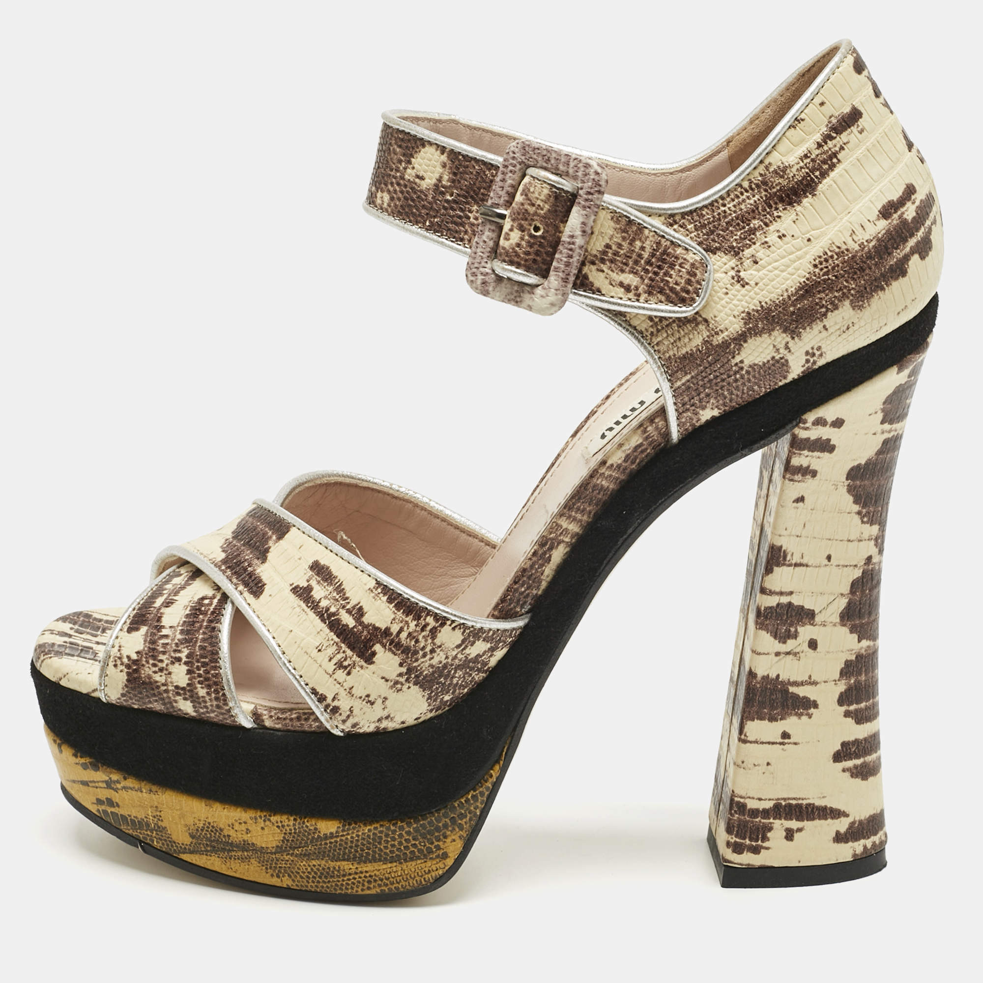 Pre Owned Miu Miu Multicolor Lizard Embossed Leather Crisscrss  Ankle Strap Sandals Size 38
