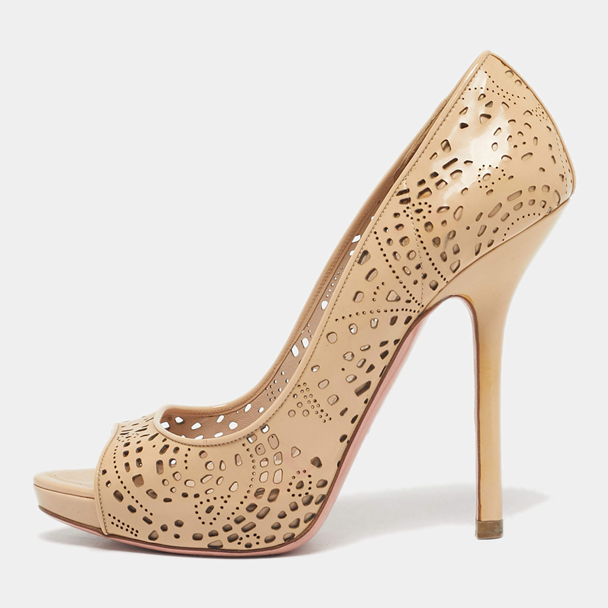 Pre Owned Miu Miu Beige Patent Leather Laser Cut Peep Toe Pumps Size 37.5