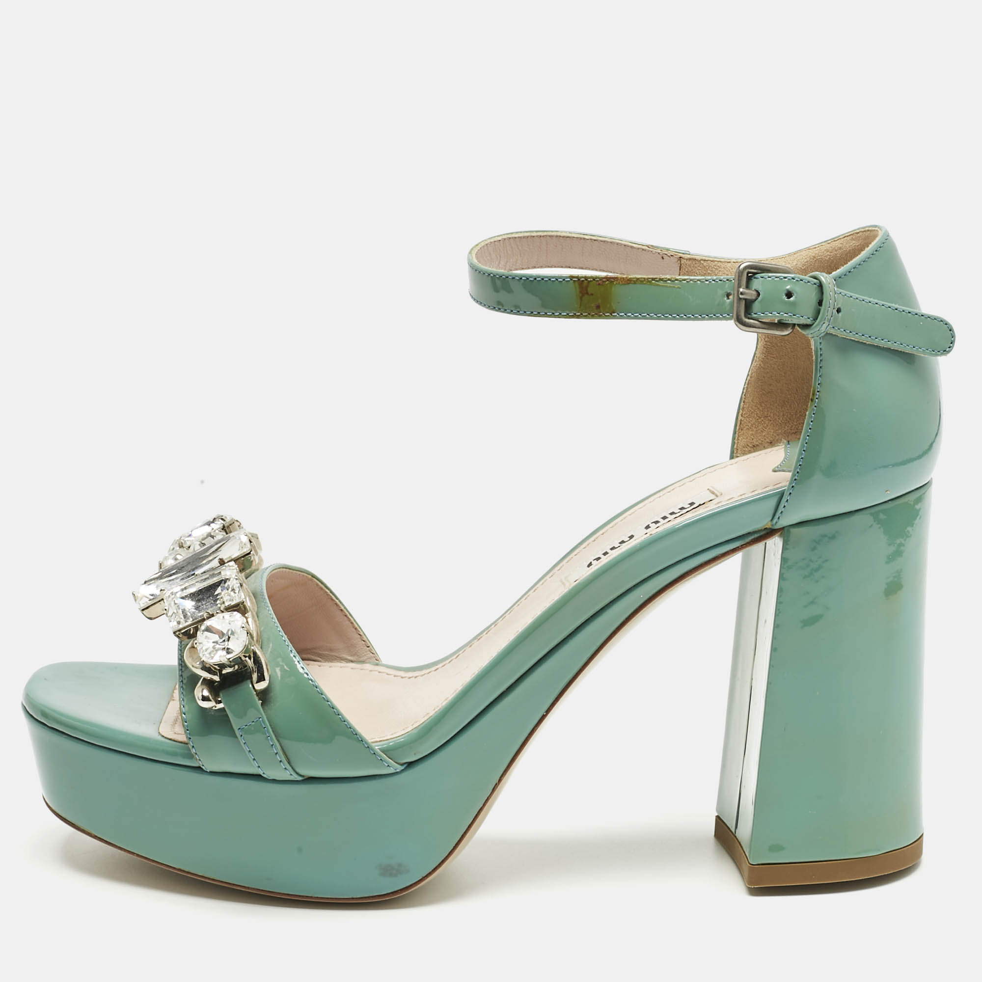 Pre Owned Miu Miu Light Green Patent Leather Crystals Embellished Platform Sandals Size 36.5