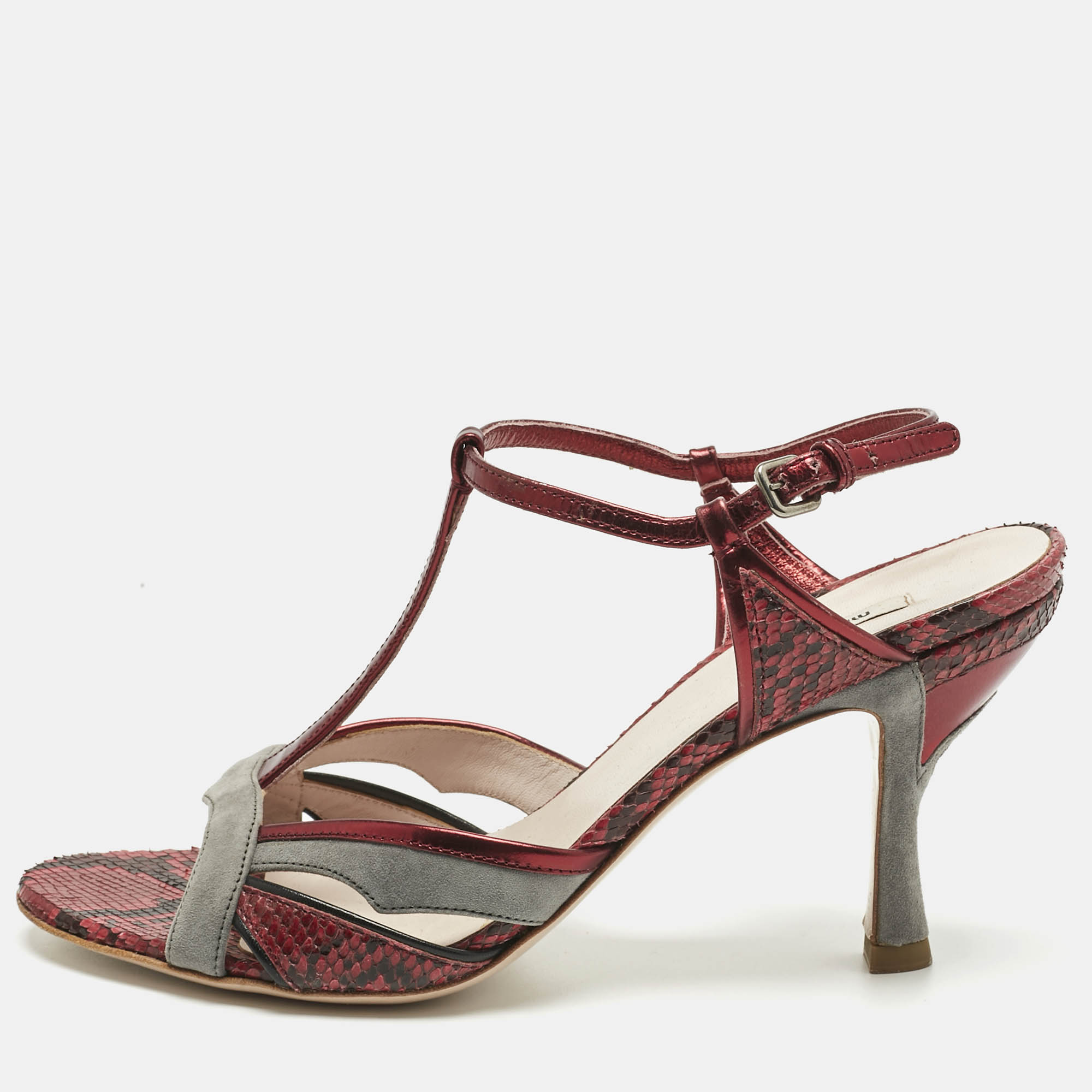 Pre Owned Miu Miu Multicolor Snakeskin Leather and Suede Ankle Strap Sandals Size 36.5