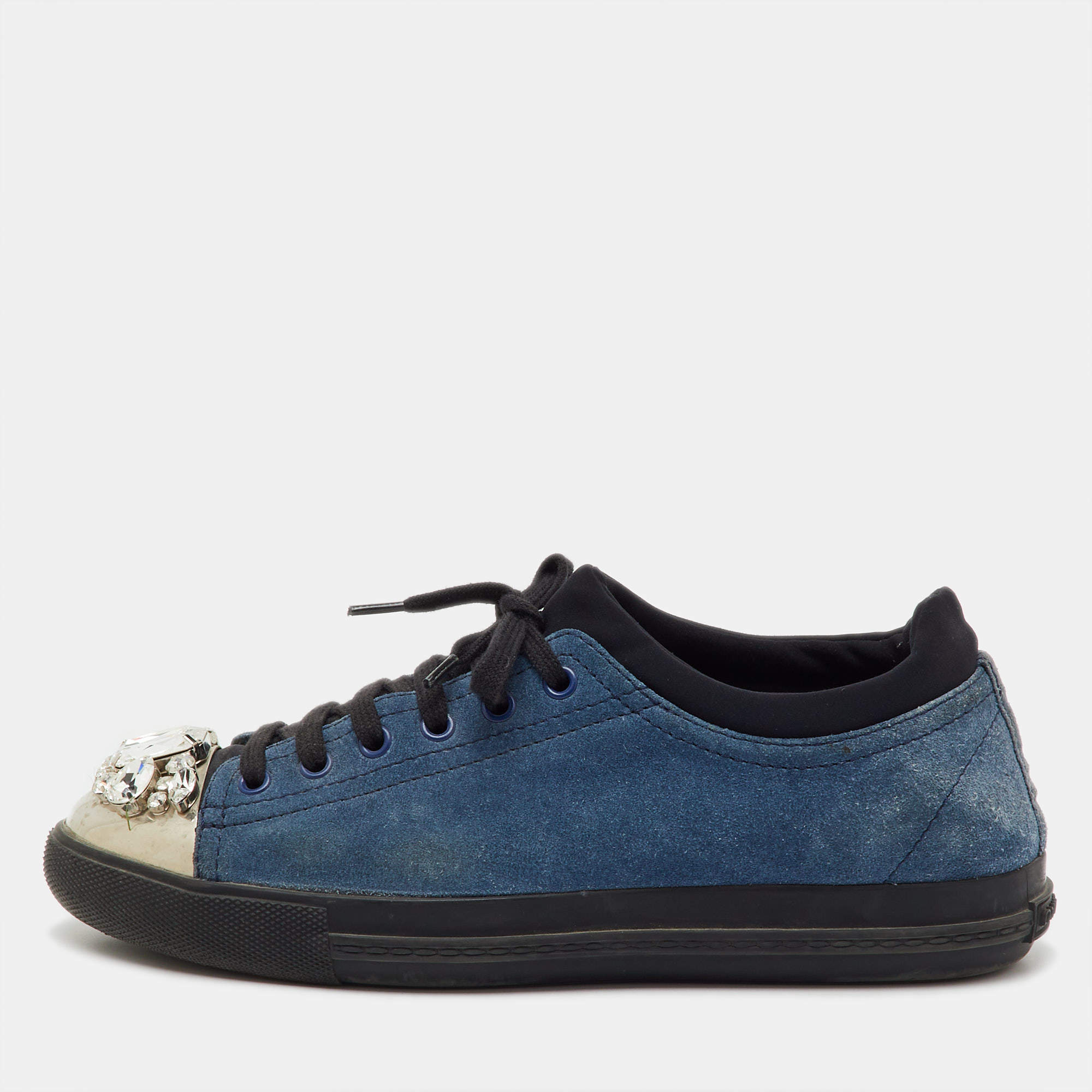 Pre Owned Miu Miu Blue/Black Suede Crystal Embellished Cap Toe Low Top Sneakers Size 39