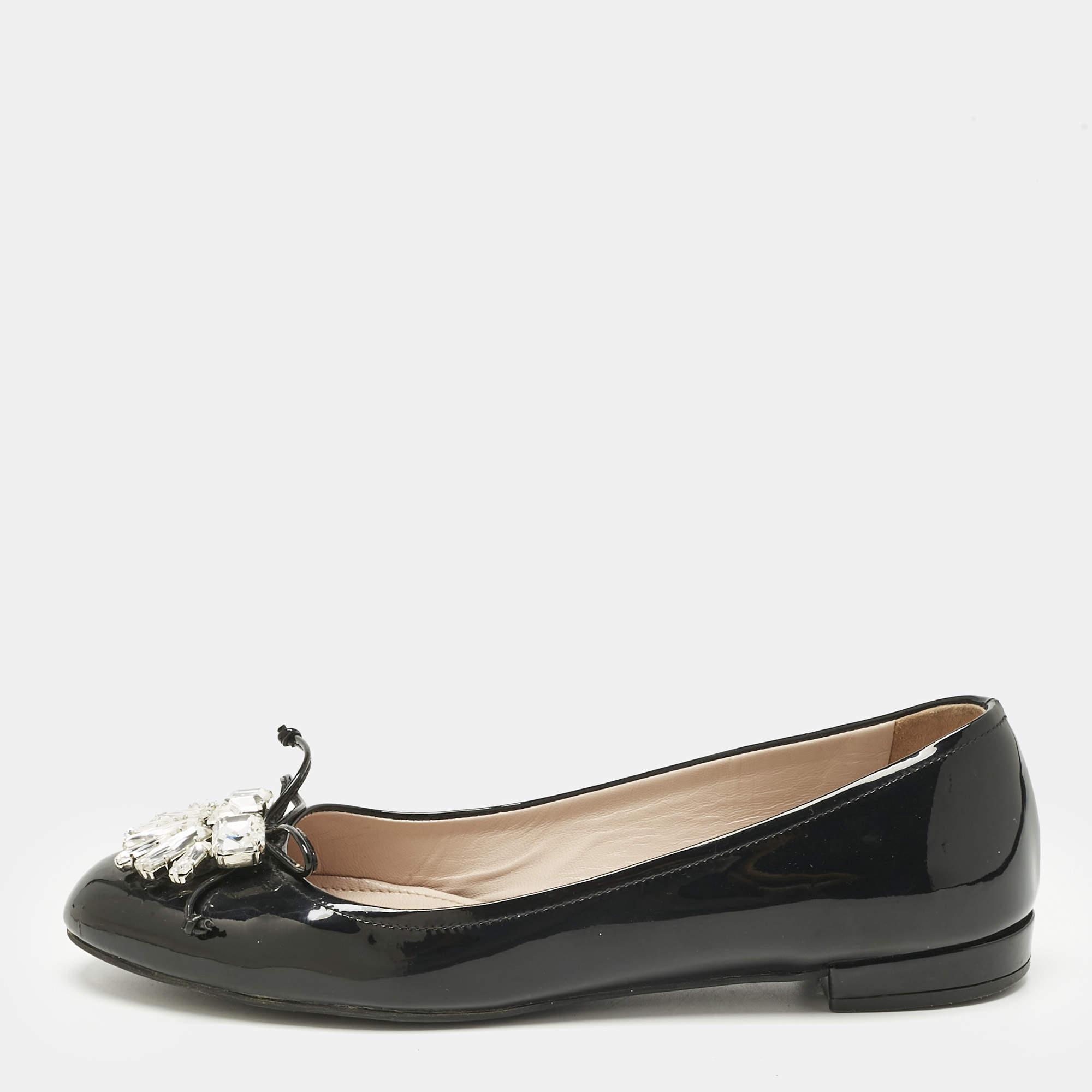 Pre Owned Miu Miu Black Crystal Embellish Patent Leather Ballet Flats Size 36.5