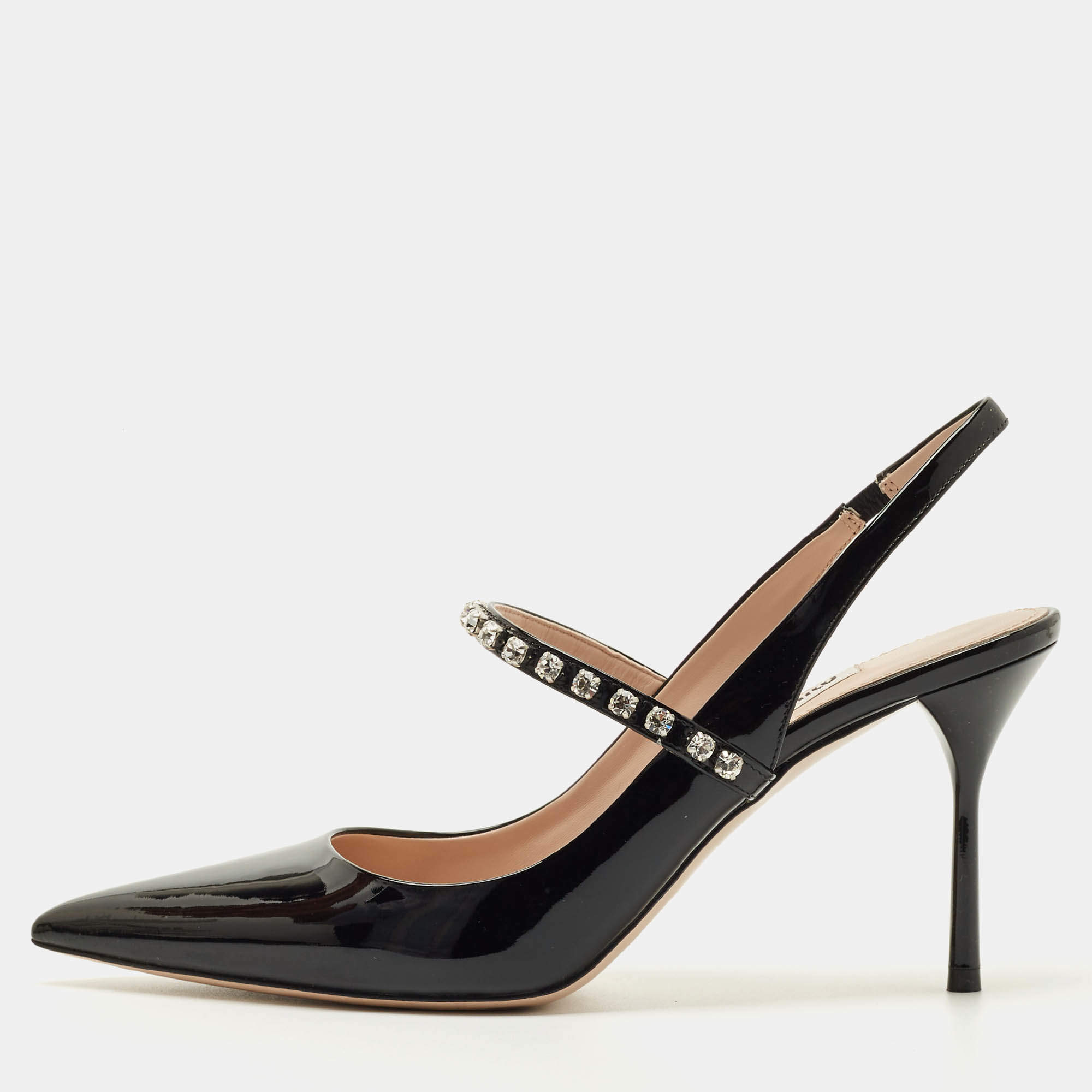 Pre Owned حذاء كعب عالي ميو ميو جلد لامع أسود مزين بالكريستال ومفتوح من الخلف مقاس 38