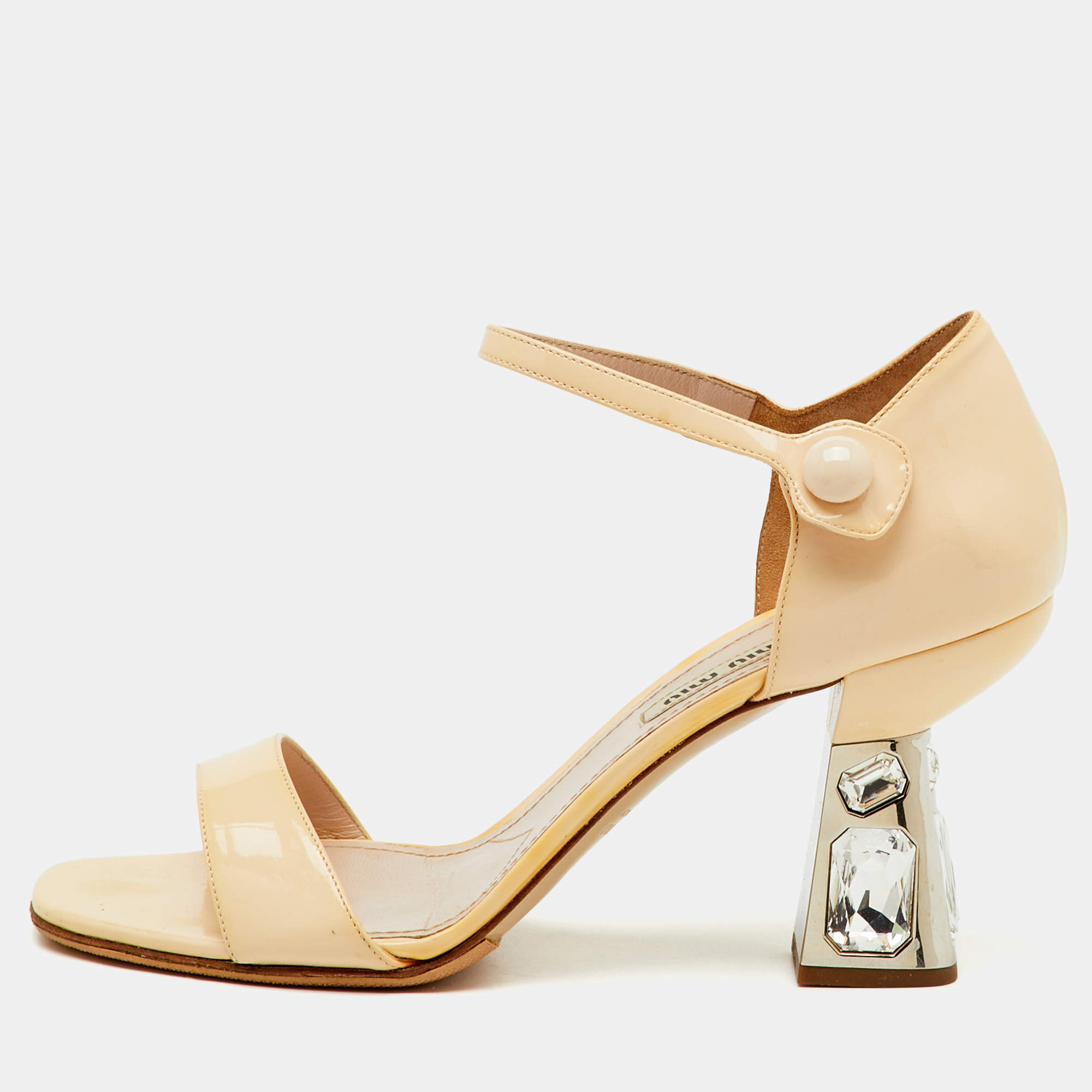 Pre Owned Miu Miu Beige Patent Leather Crystal Embellished Heel Ankle Strap Sandals Size 38