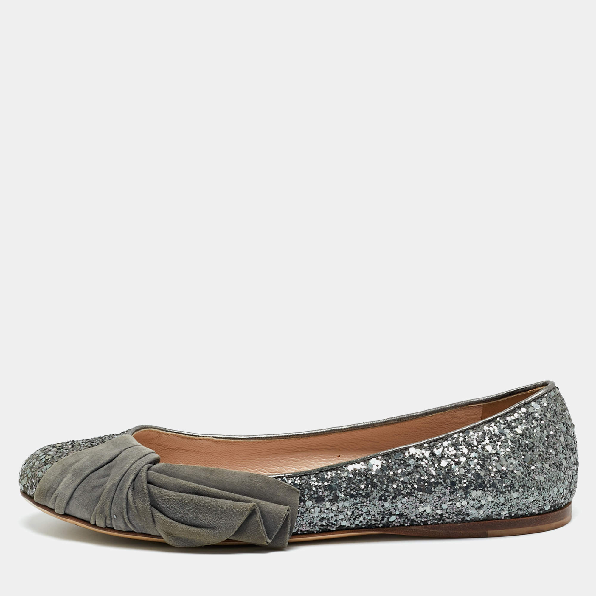 Pre Owned Miu Miu Silver Glitter and Suede Ballet Flats Size 37