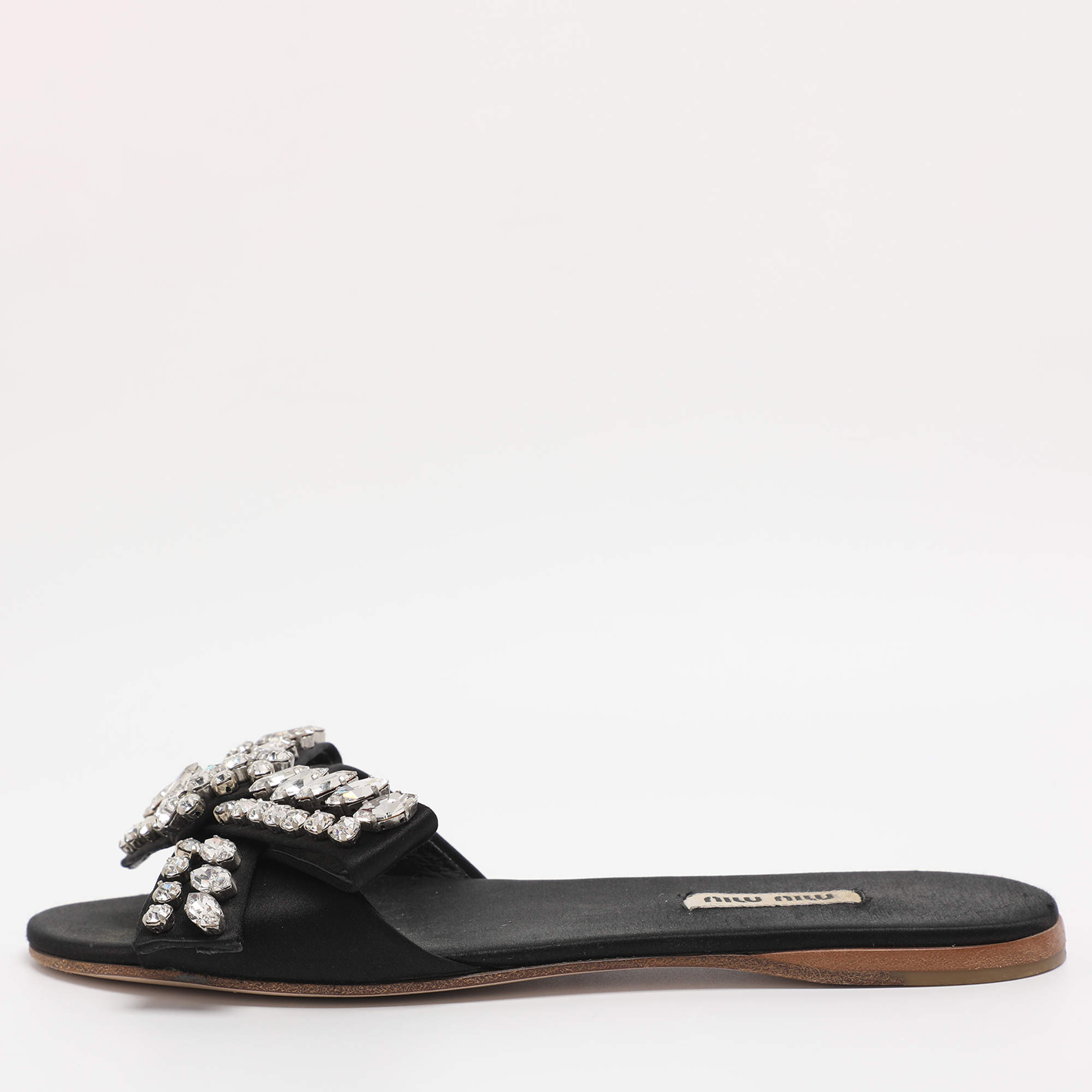 Pre Owned Miu Miu Black Satin Crystal Embellished Bow Slide Sandals Size 37