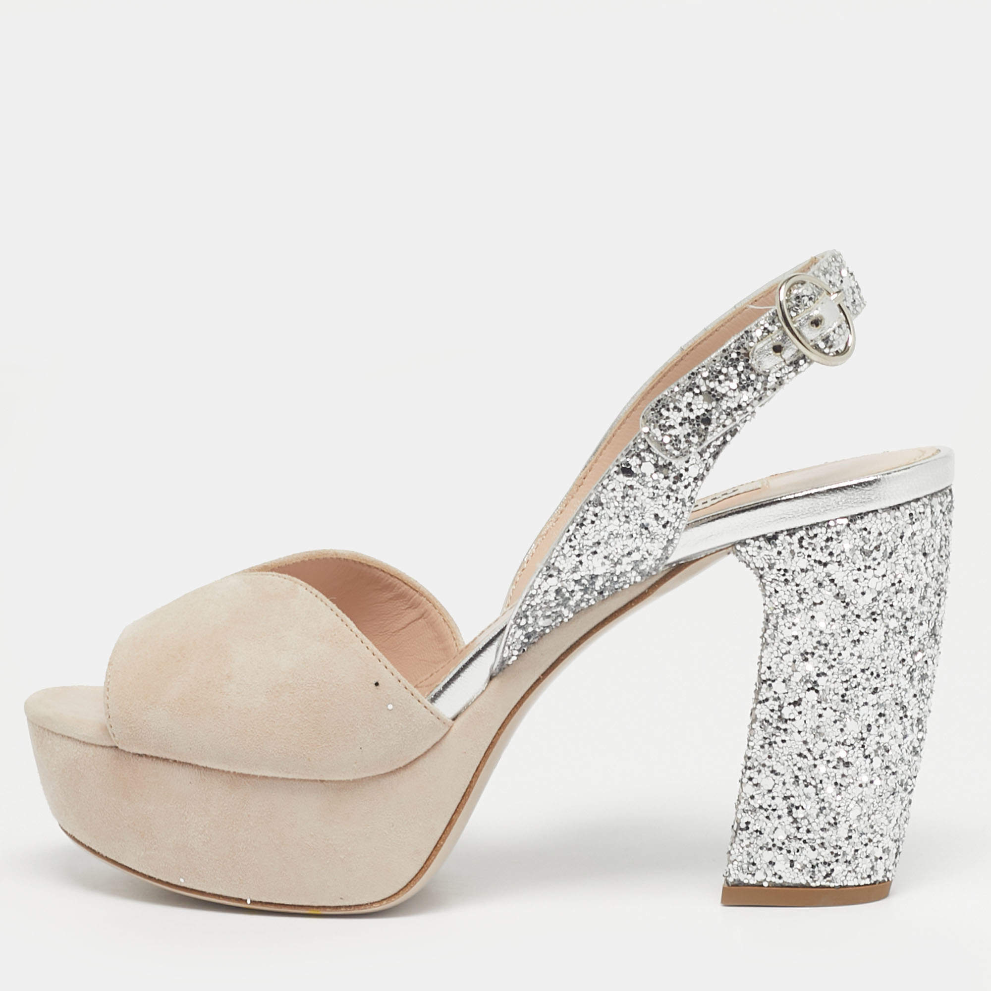 Pre Owned Miu Miu Beige/Beige Glitter and Suede Ankle Strap Sandals Size 36