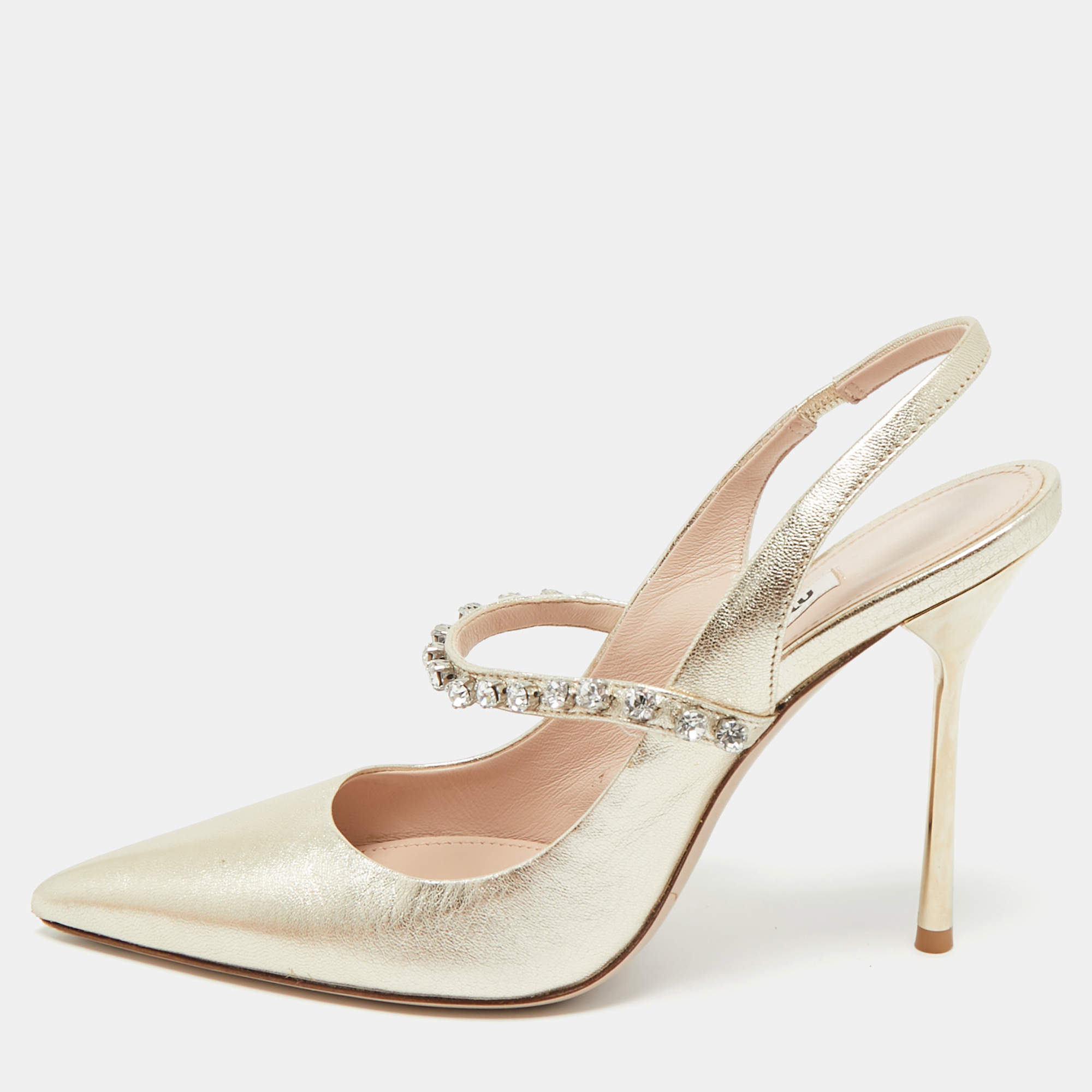 Pre Owned Miu Miu Gold Leather Crystal Embellished Mary Jane Slingback Pumps Size 36