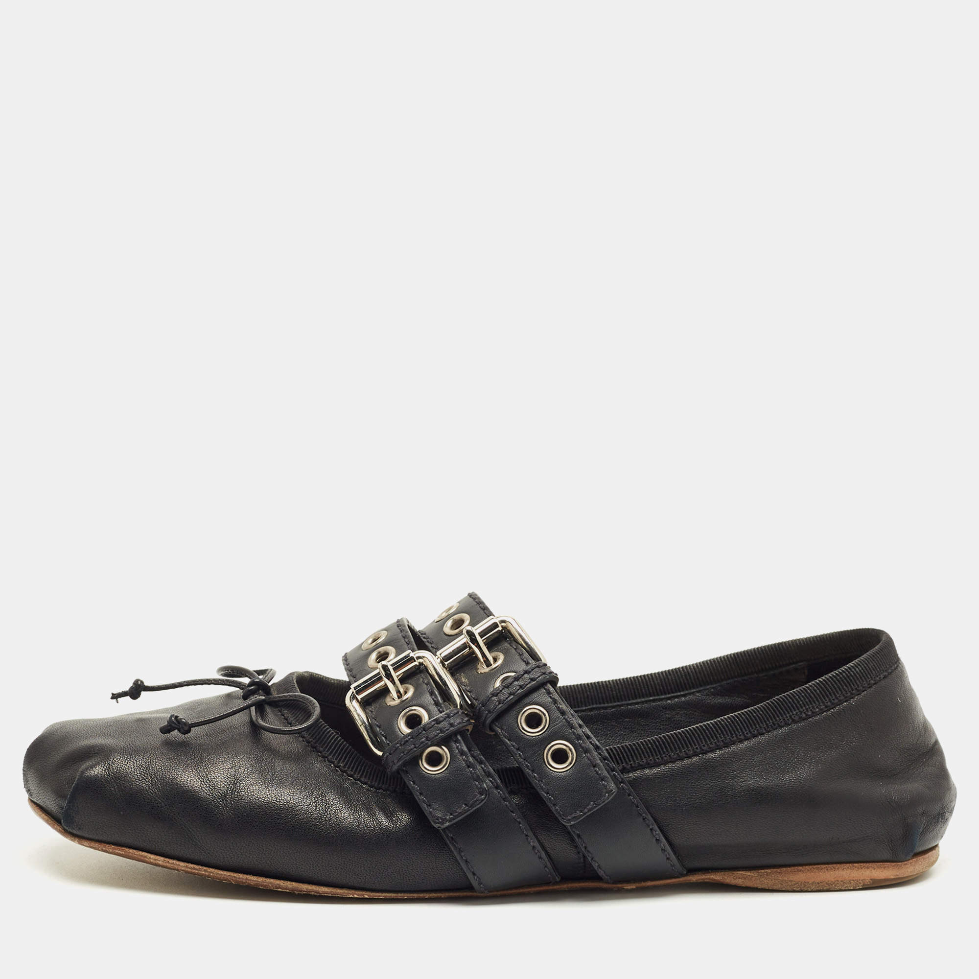 Pre Owned Miu Miu Black Leather Ankle Wrap Ballet Flats Size 39.5