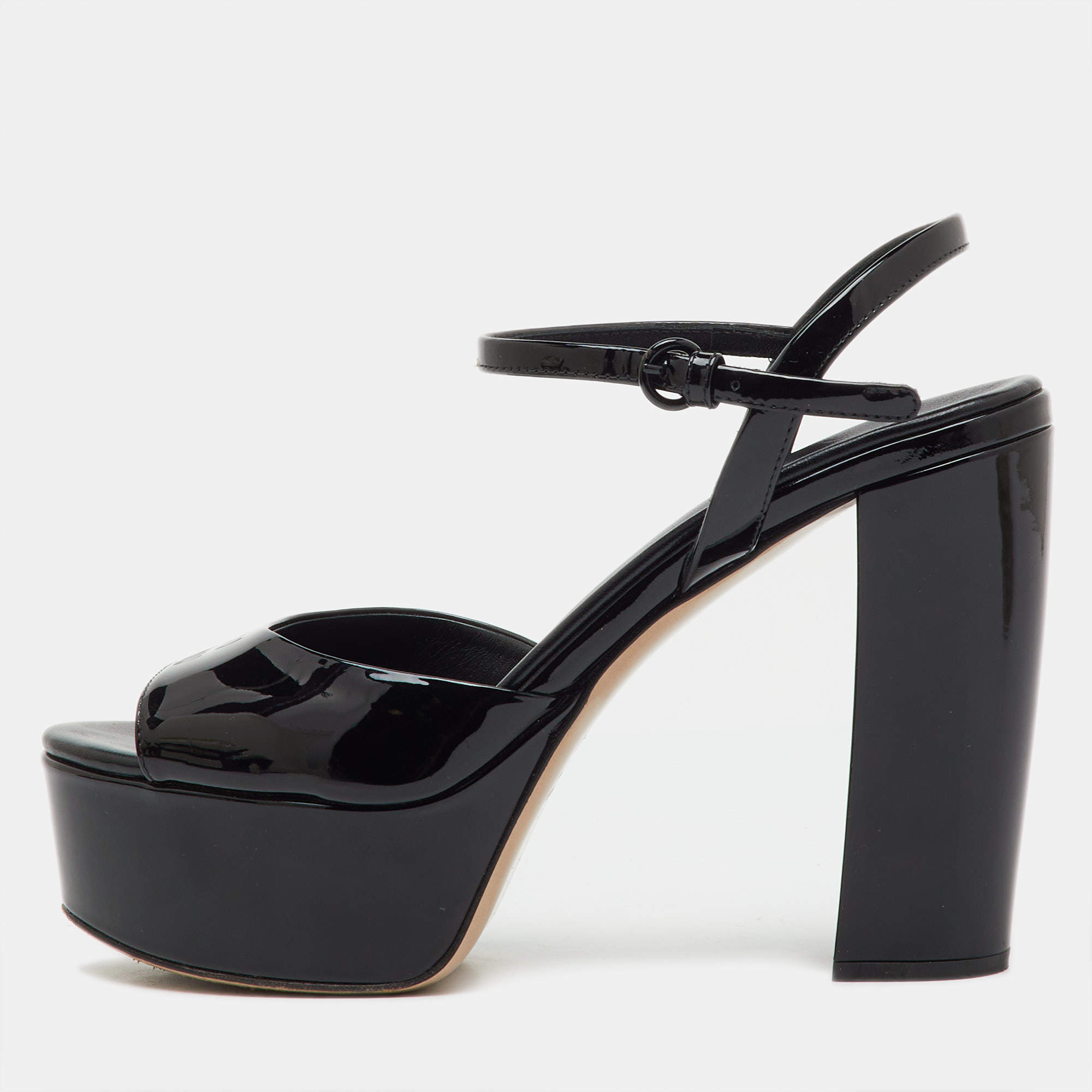 Pre Owned Miu Miu Black Patent Leather Block Heel Platform Sandals Size 37.5