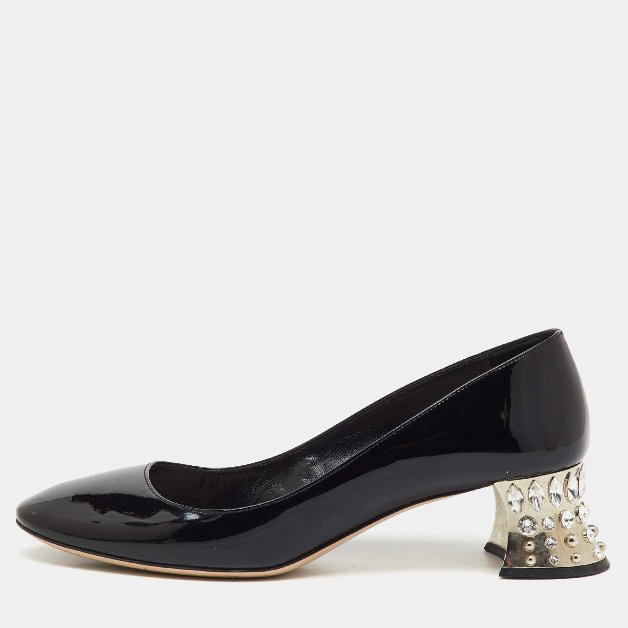 مملوكة مسبقًا Miu Miu Black Patent Leather Crystal Embellished Block Heel Pumps Size 40