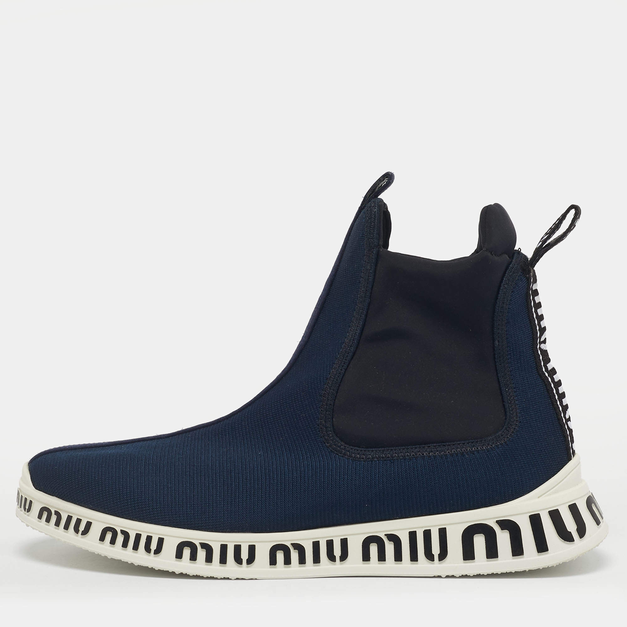 Pre Owned Miu Miu Blue Knit Fabric and Neoprene High Top Sneakers Size 41