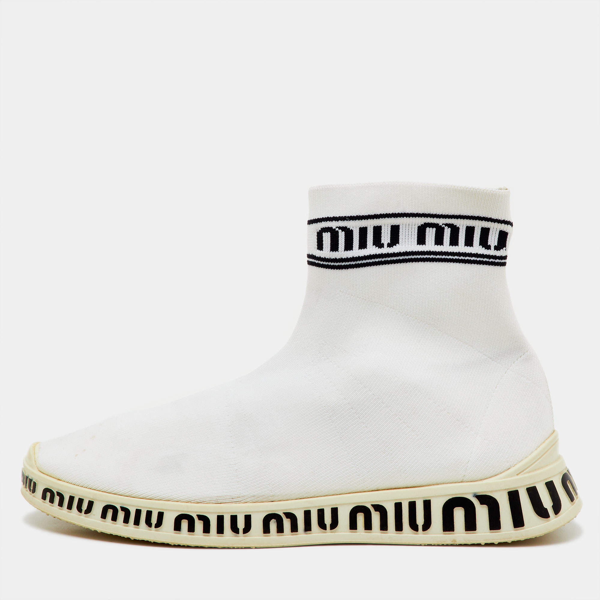 Pre Owned Miu Miu White Knit Fabric Sock High Slip On Sneakers Size 40