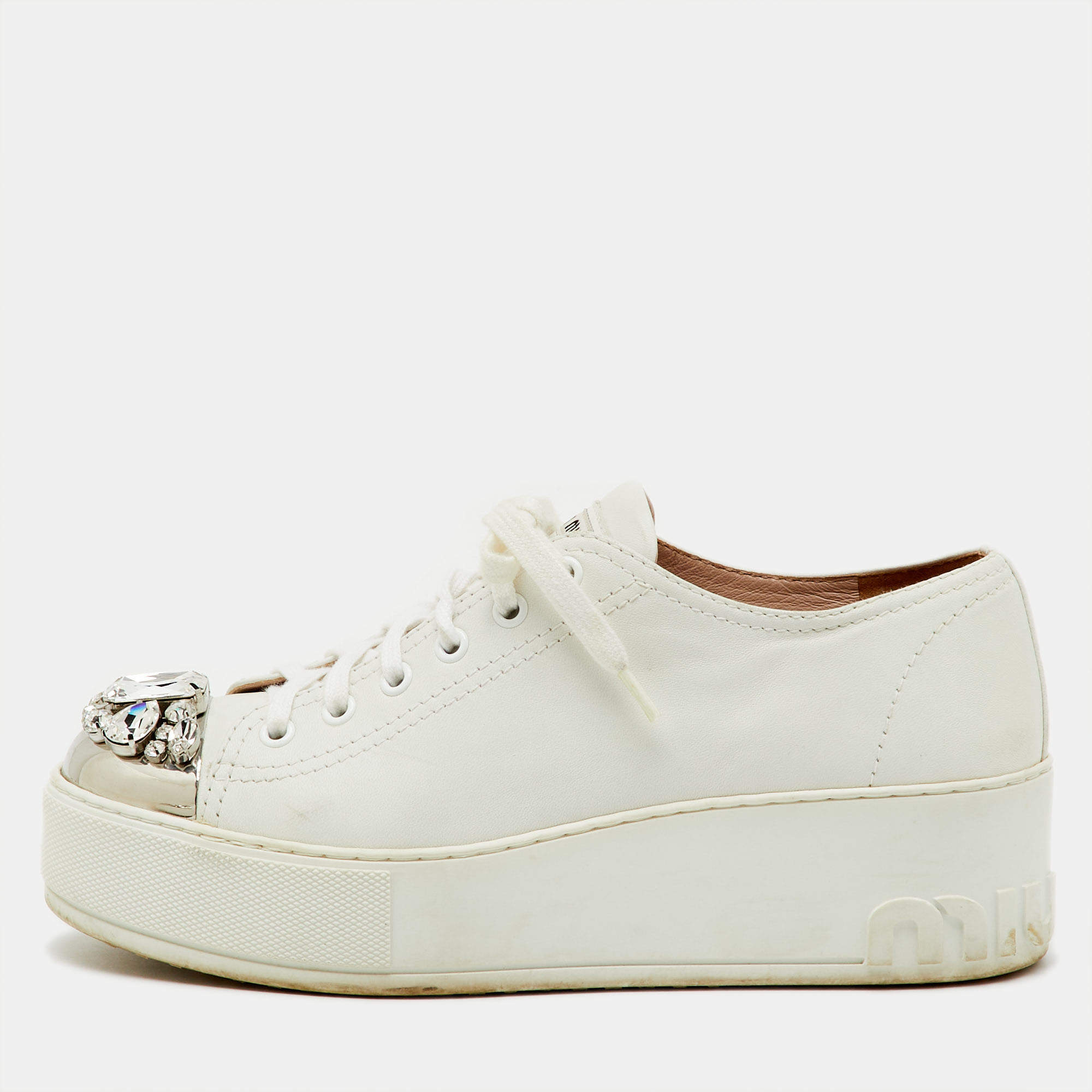 Pre Owned Miu Miu White Leather Crystal Embellished Cap Toe Platform Sneakers Size 38