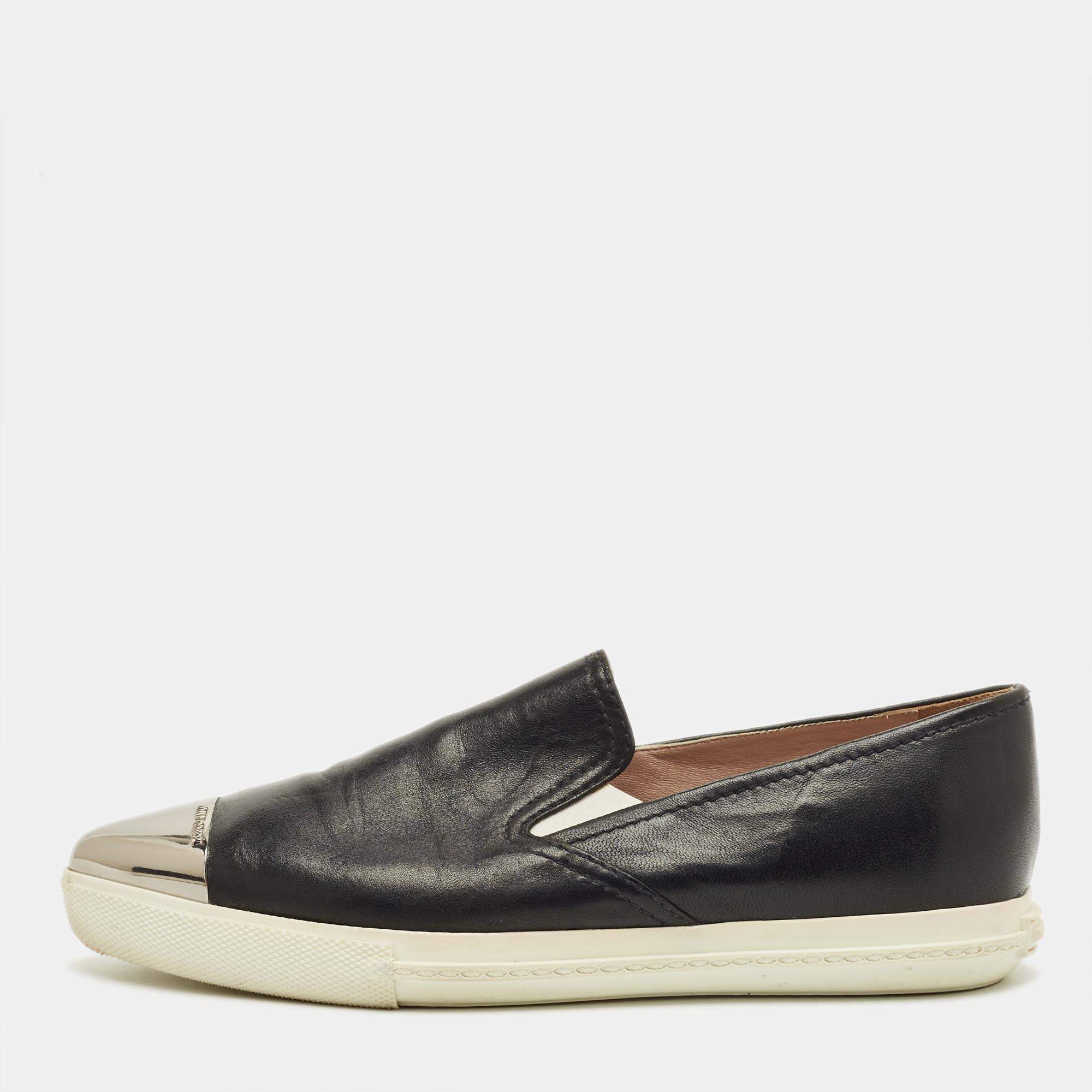 Pre Owned Miu Miu Black Leather Metal Cap Toe Slip On Sneakers Size 36