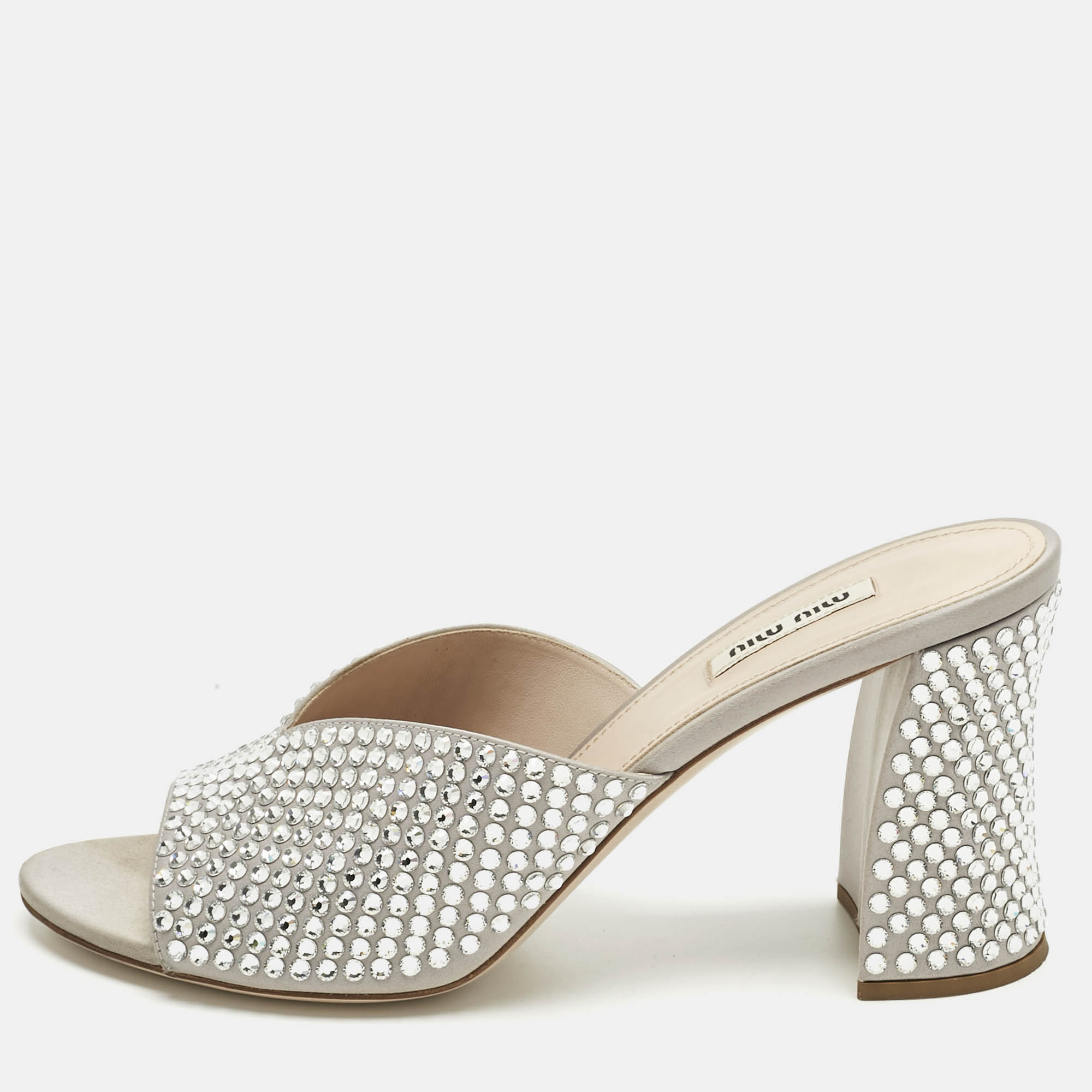 Pre Owned Miu Miu Grey Satin Crystal Embellished Heel Mules Size 40.5