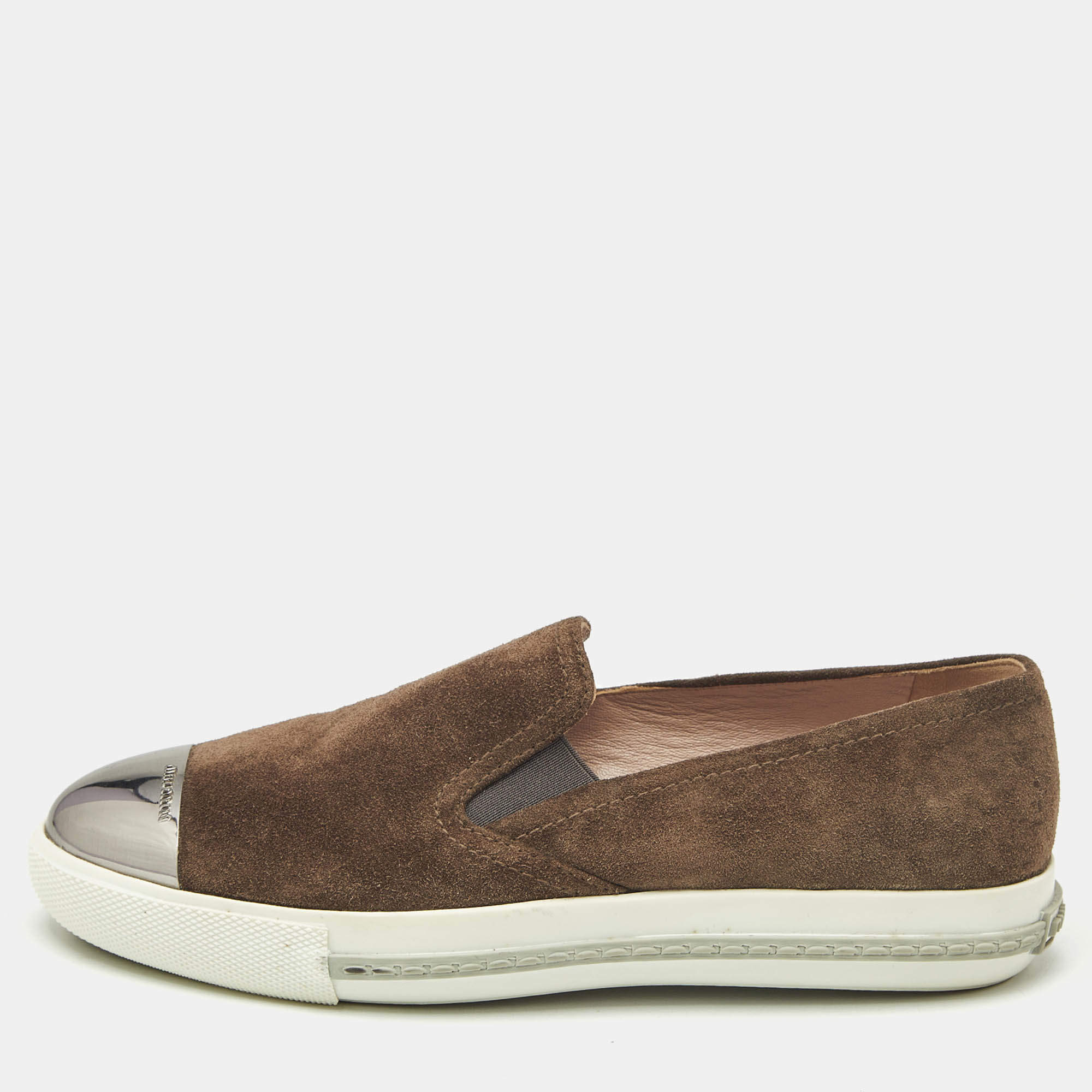 Pre Owned Miu Miu Brown Suede Metal Cap Toe Slip On Sneakers Size 37