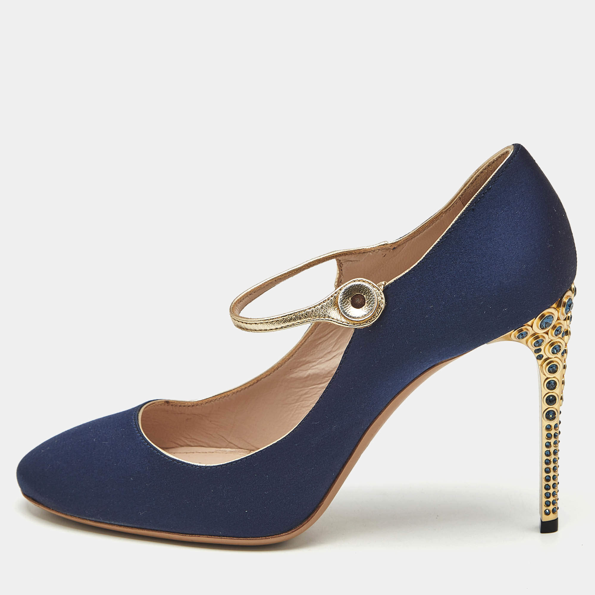 Pre Owned Miu Miu Blue/Gold Satin and Leather Mary Jane Pumps Size 38