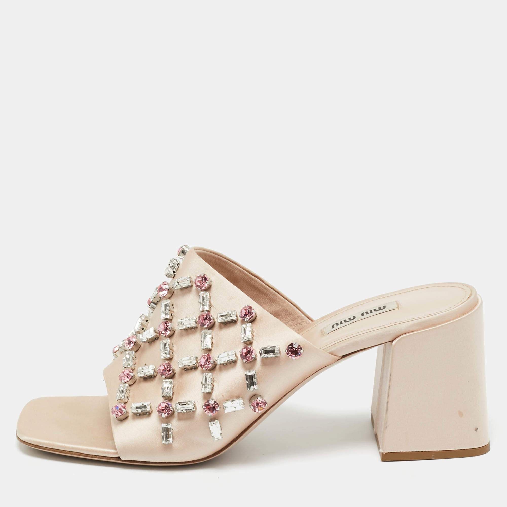 Pre Owned Miu Miu Beige Satin Crystal Embellished Block Heel Sandals Size 41