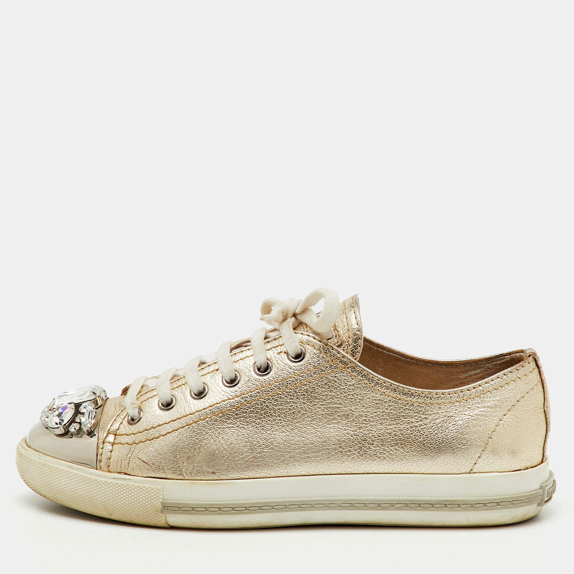 Pre Owned Miu Miu Gold Leather Crystal Embellished Cap Toe Low Top Sneakers Size 39