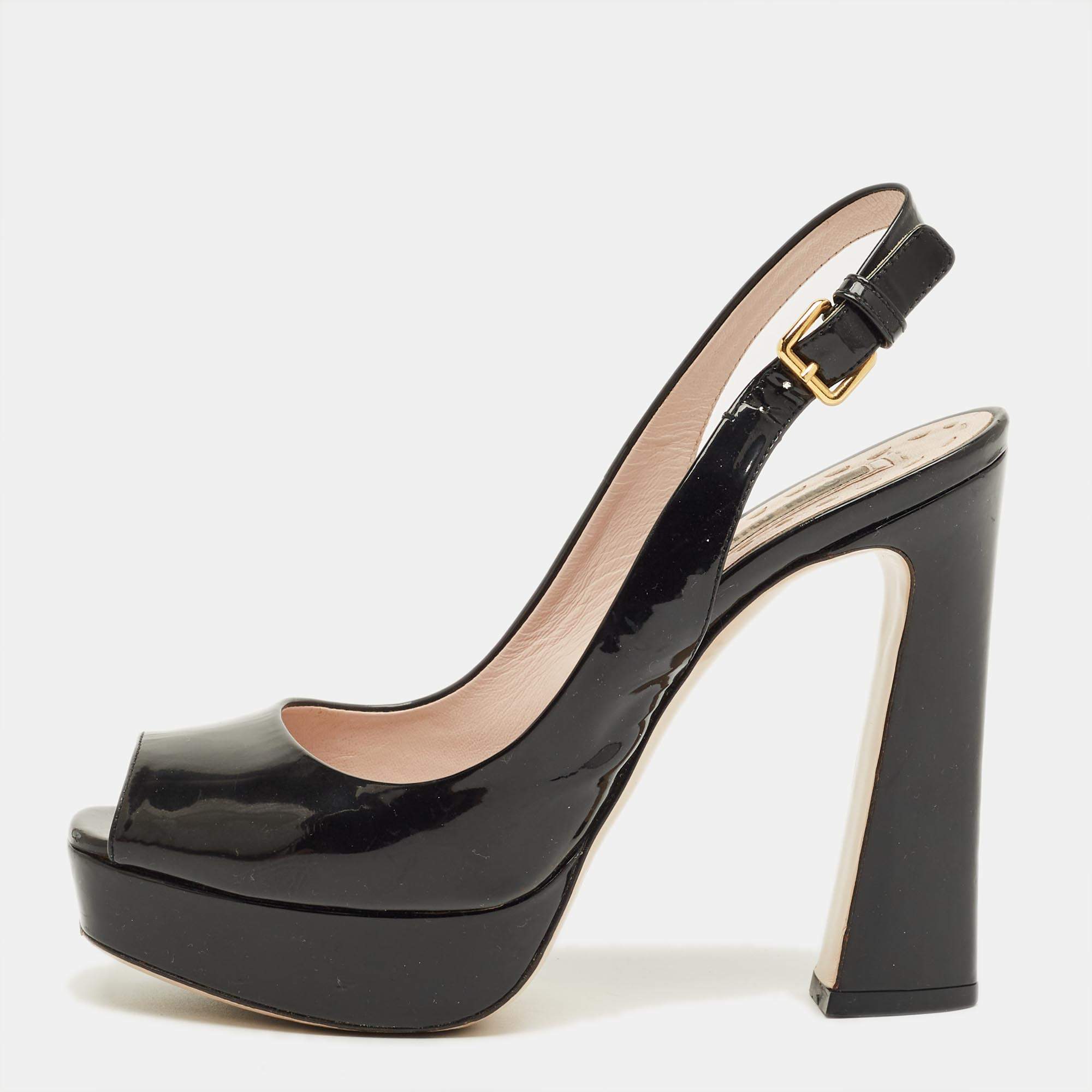 Pre Owned Miu Miu Black Patent Leather Open Toe Platform Slingback Pumps Size 35.5