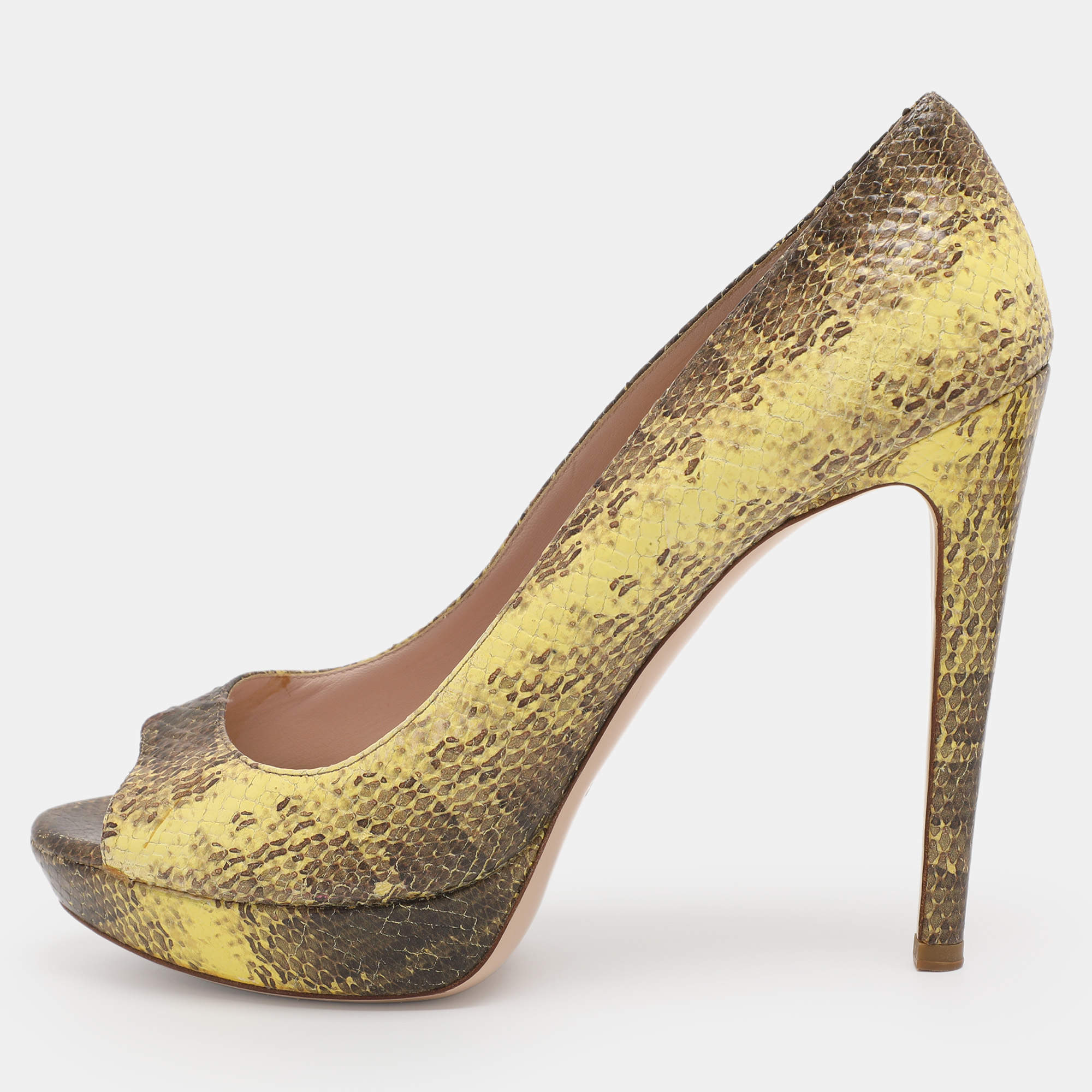 Pre Owned Miu Miu Yellow/Beige Python Embossed Leather Peep Toe Pumps Size 39.5