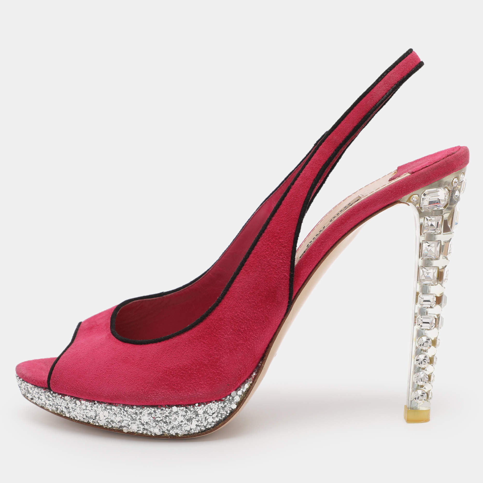 Pre Owned Miu Miu Pink Suede Crystal Heel Slingback Pumps Size 40