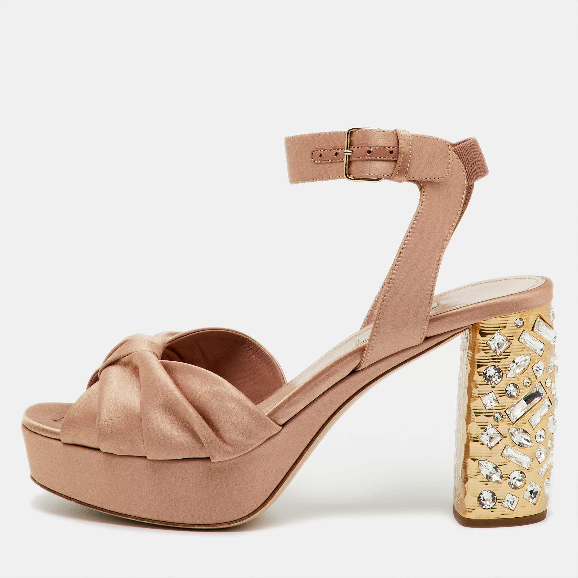 Pre Owned Miu Miu Beige Satin Crystal Embellished Block Heel Platform Ankle Strap Sandals Size 40
