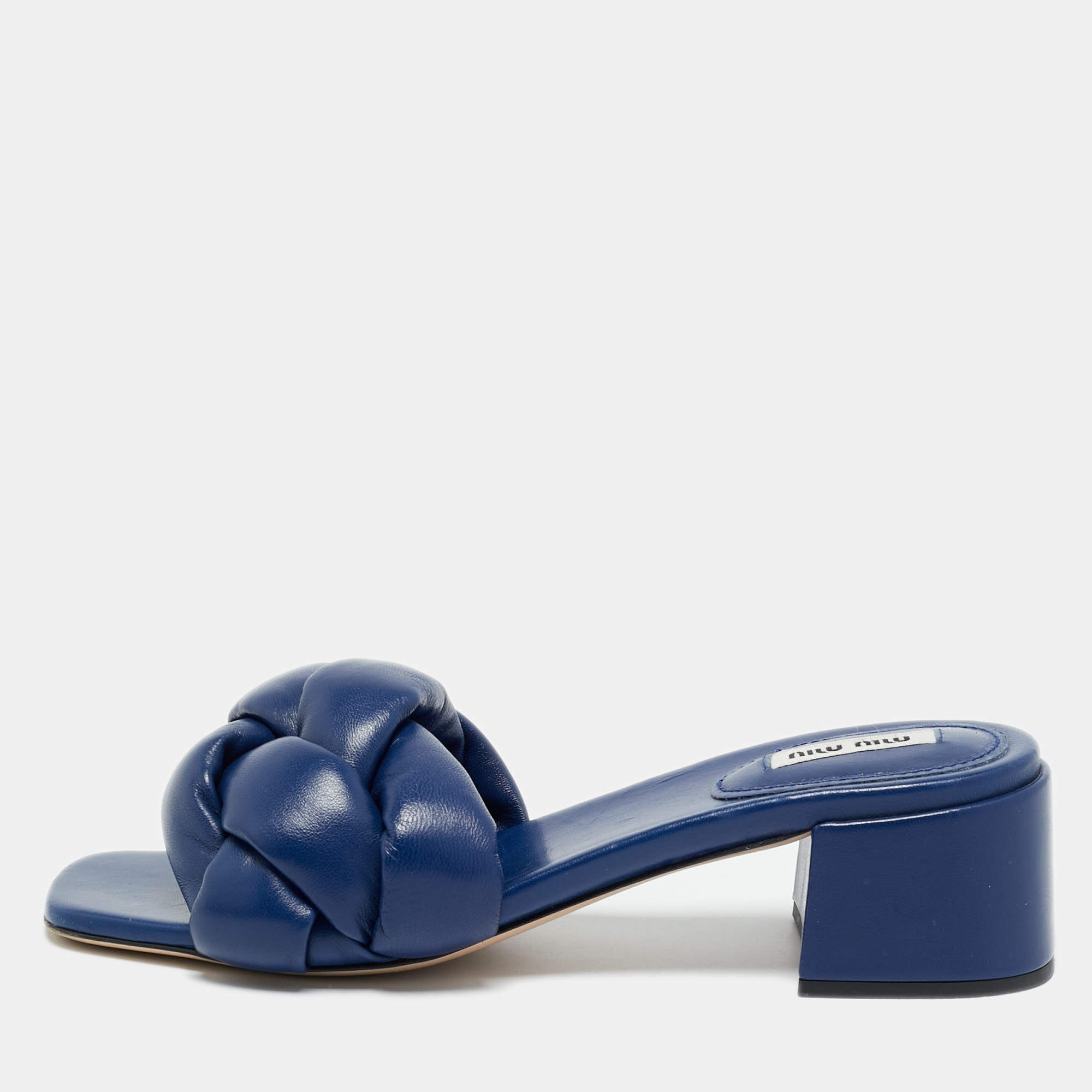 Pre Owned Miu Miu Navy Blue Woven Leather Block Heel Slide Sandals Size 38.5