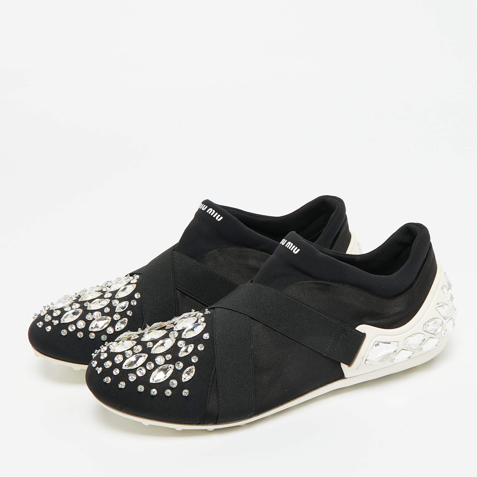 Miu Miu Black Patent Leather Crystal Embellished Cap Toe Sneakers