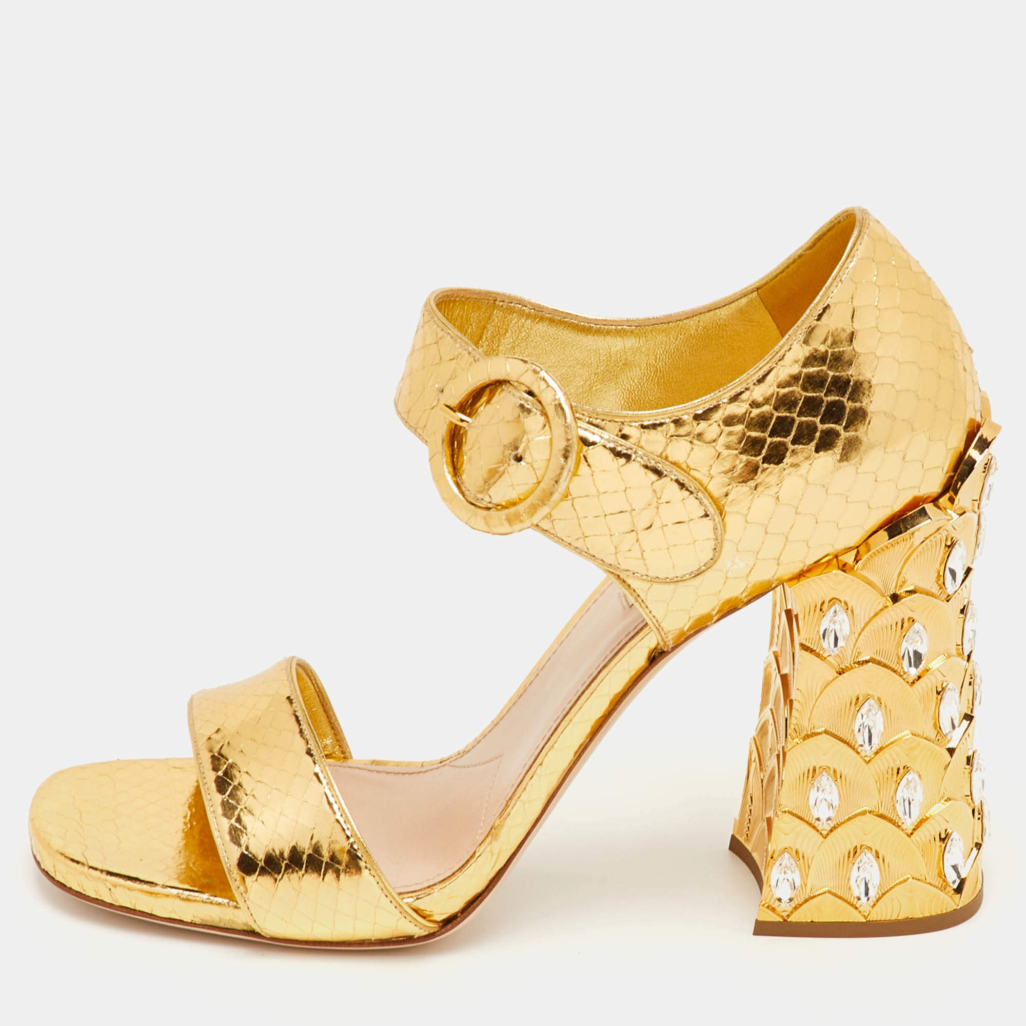 Pre Owned Miu Miu Size 41 Gold Python Embossed Leather Crystal Embellished Block Heel Ankle Strap Sandals