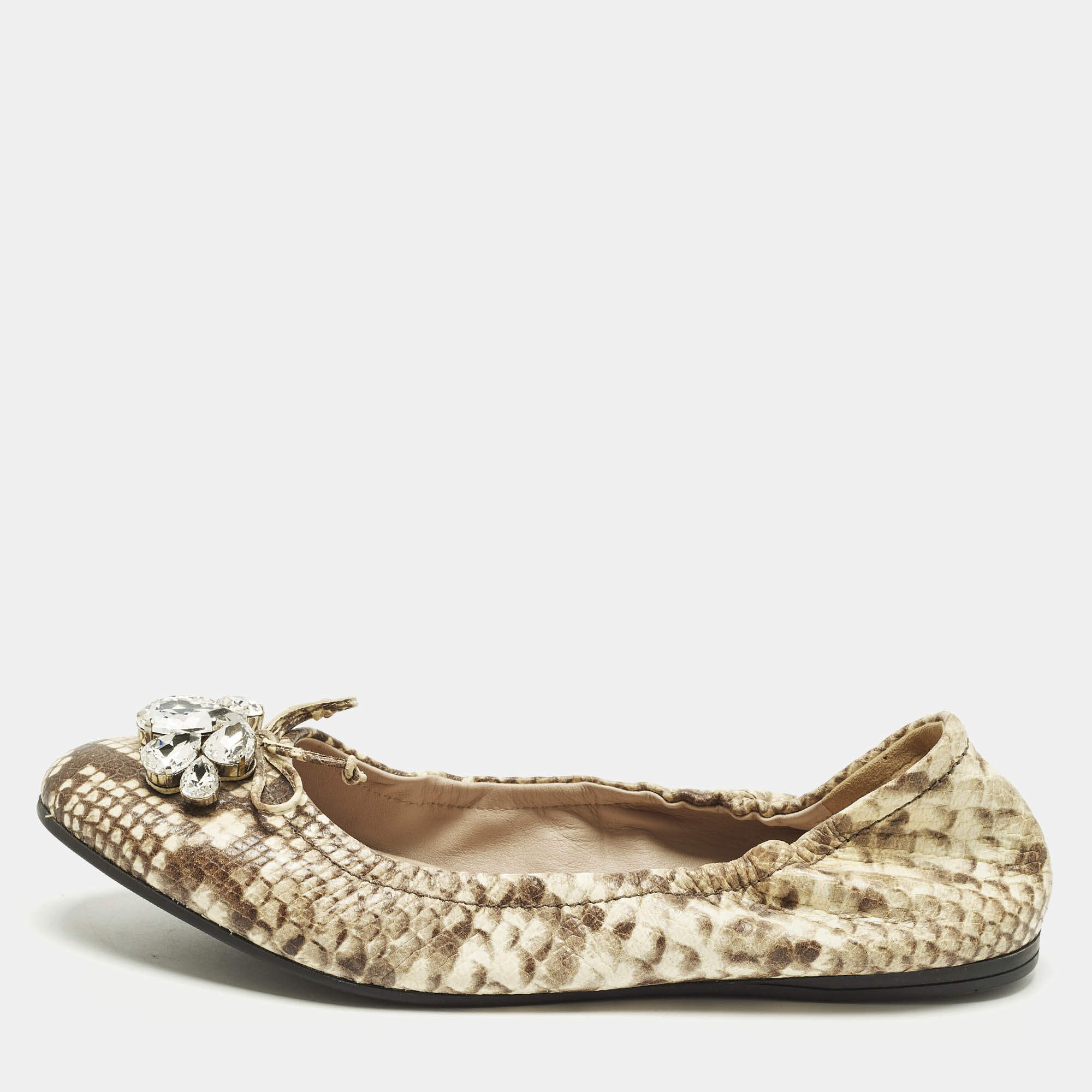 Pre Owned Miu Miu Size 41 Brown/Beige  Python Embossed  Crystal Embellished Scrunch Ballet Flats