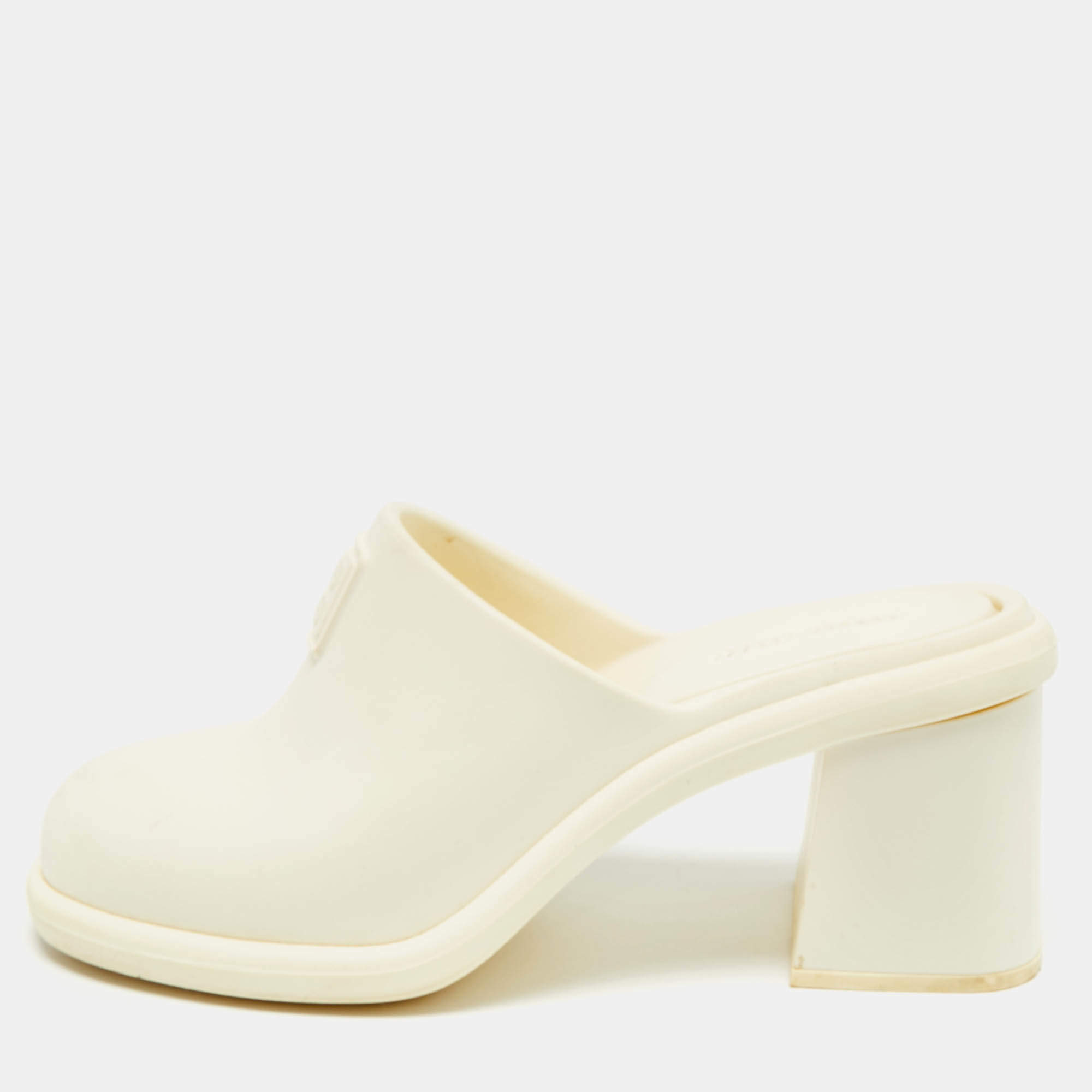 Pre Owned Miu Miu Size 36 Cream Rubber Logo Clogs Block Heel Mules