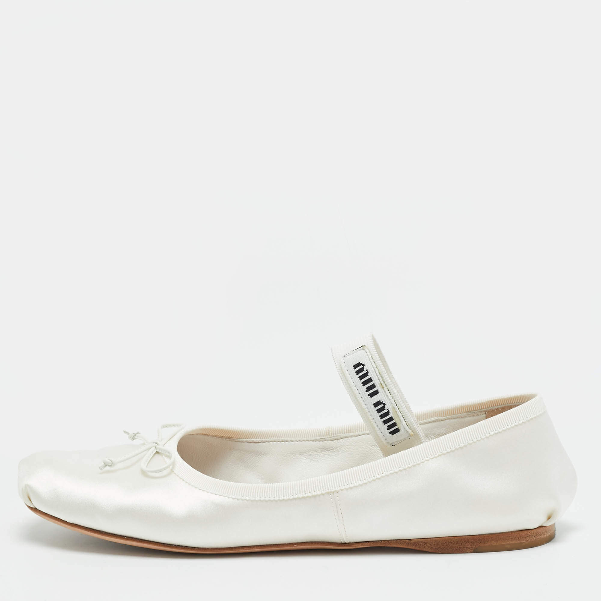 Pre Owned Miu Miu Size 38 Cream White Satin Bow Mary Jane Ballet Flats