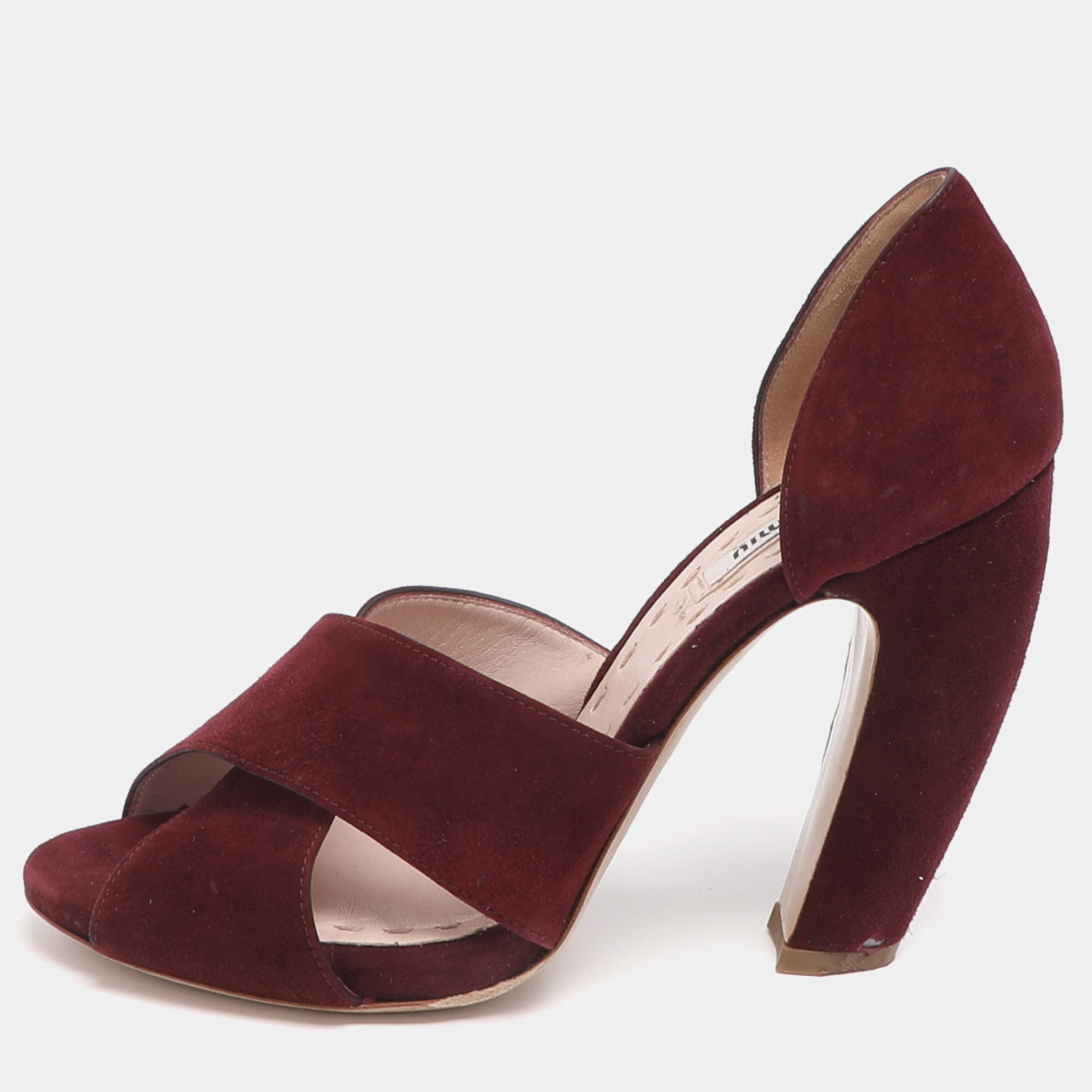 Pre Owned Miu Miu Size 36.5 Burgundy Suede Cross Straop D'orsay Pumps