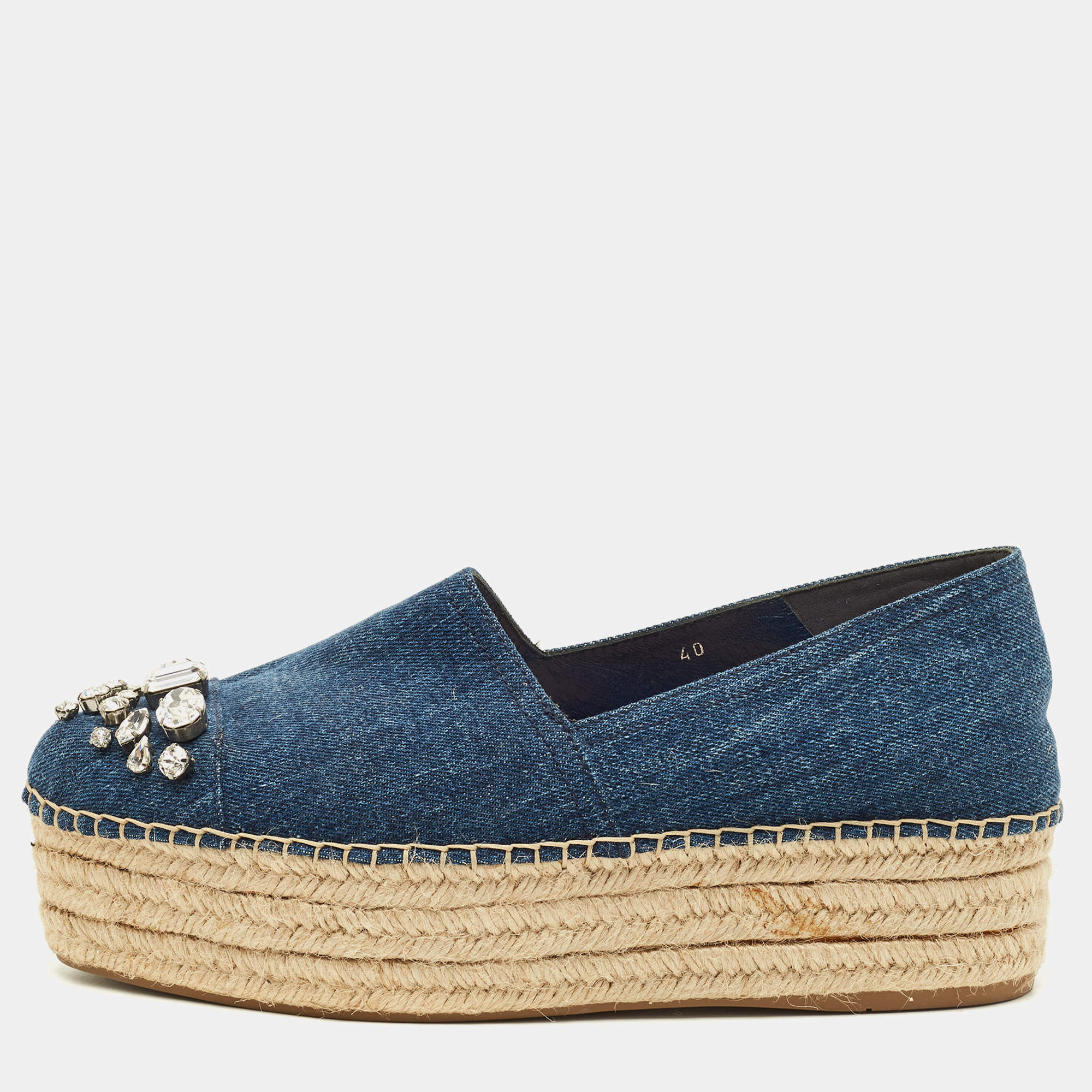 مملوكة مسبقًا Miu Miu Size 40 Blue Denim Crystal Embellished Cap Toe Platform Espadrille Flats