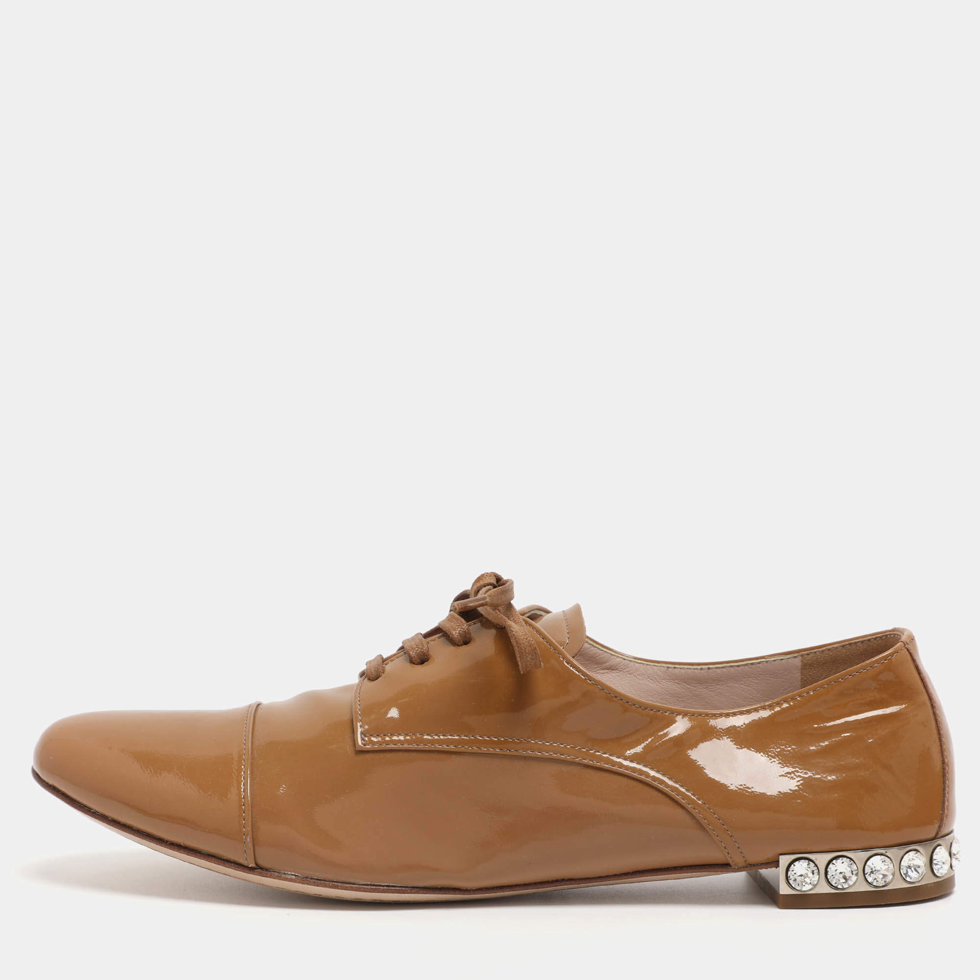Pre Owned Miu Miu Beige Patent Leather Crystal Embellished Lace Derby Size 38